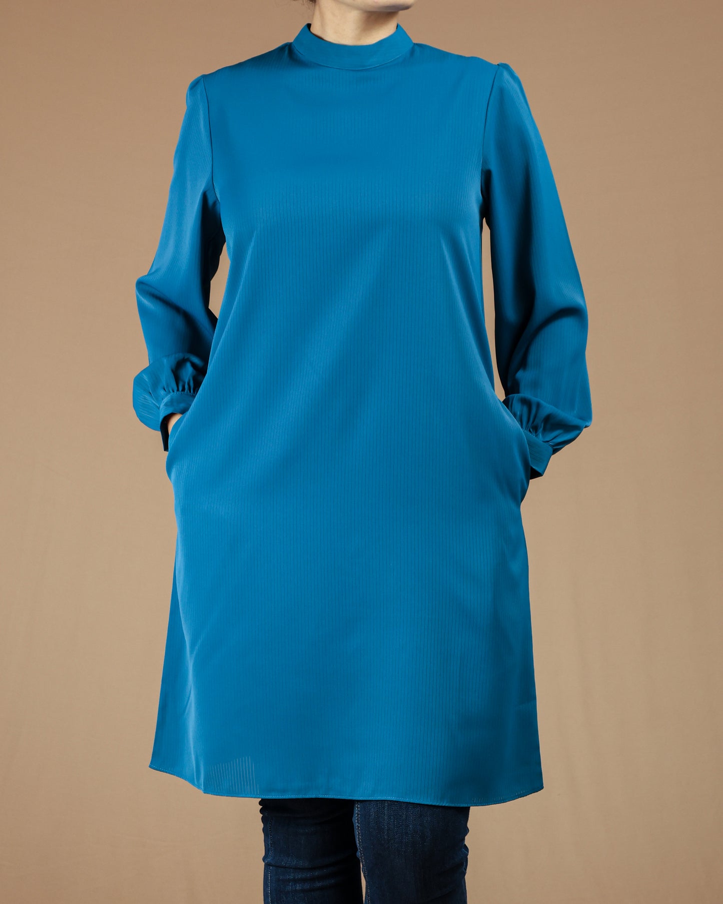 Minimalist High-Neck Long Sleeve Tunic Dress