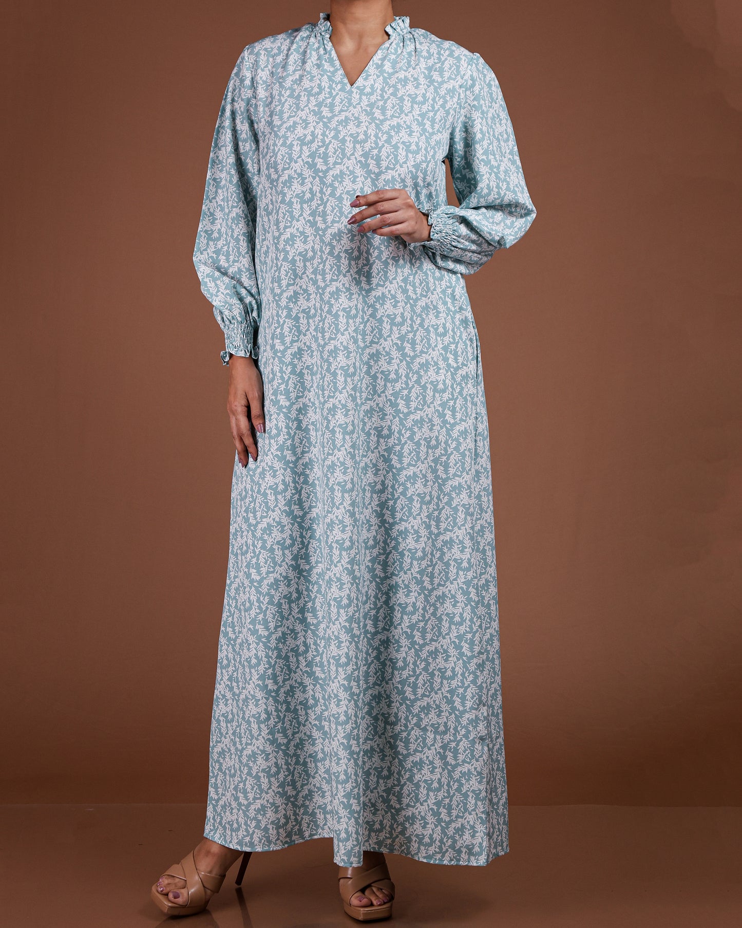 Elegant Printed Linen-Cotton Maxi Dress