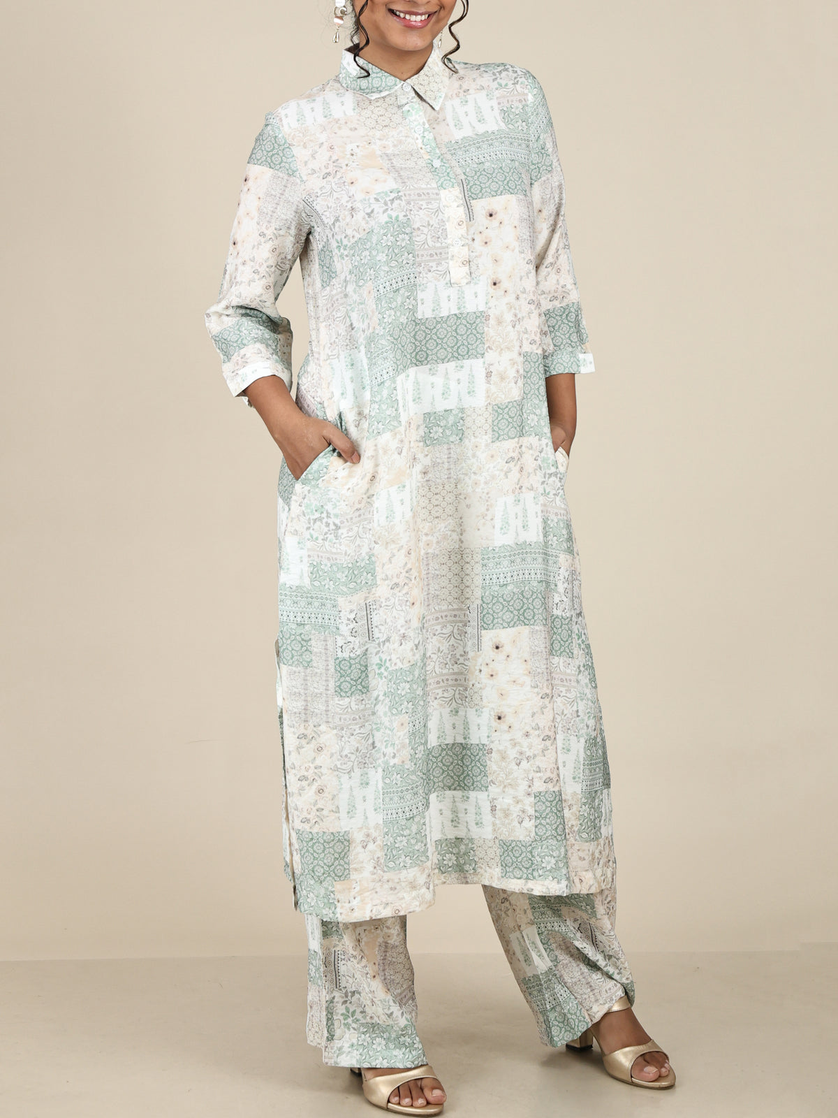 Aurette Sage Green Patchwork Print Co-Ord Set