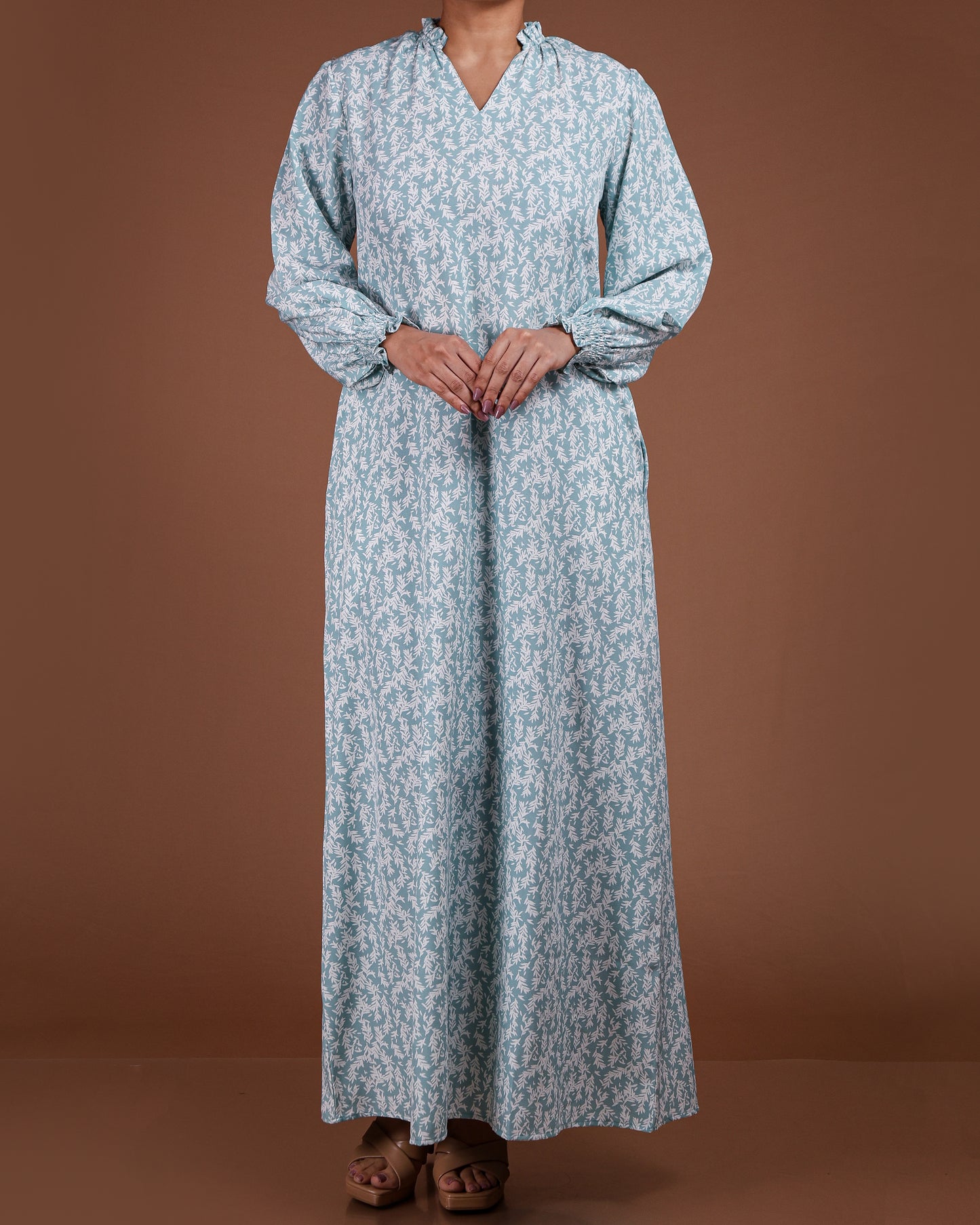 Elegant Printed Linen-Cotton Maxi Dress