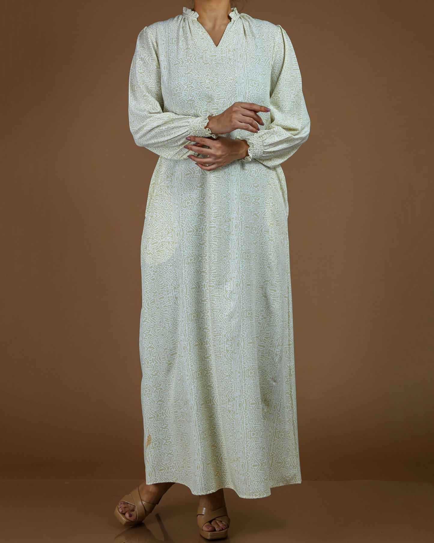 Elegant Printed Linen-Cotton Maxi Dress