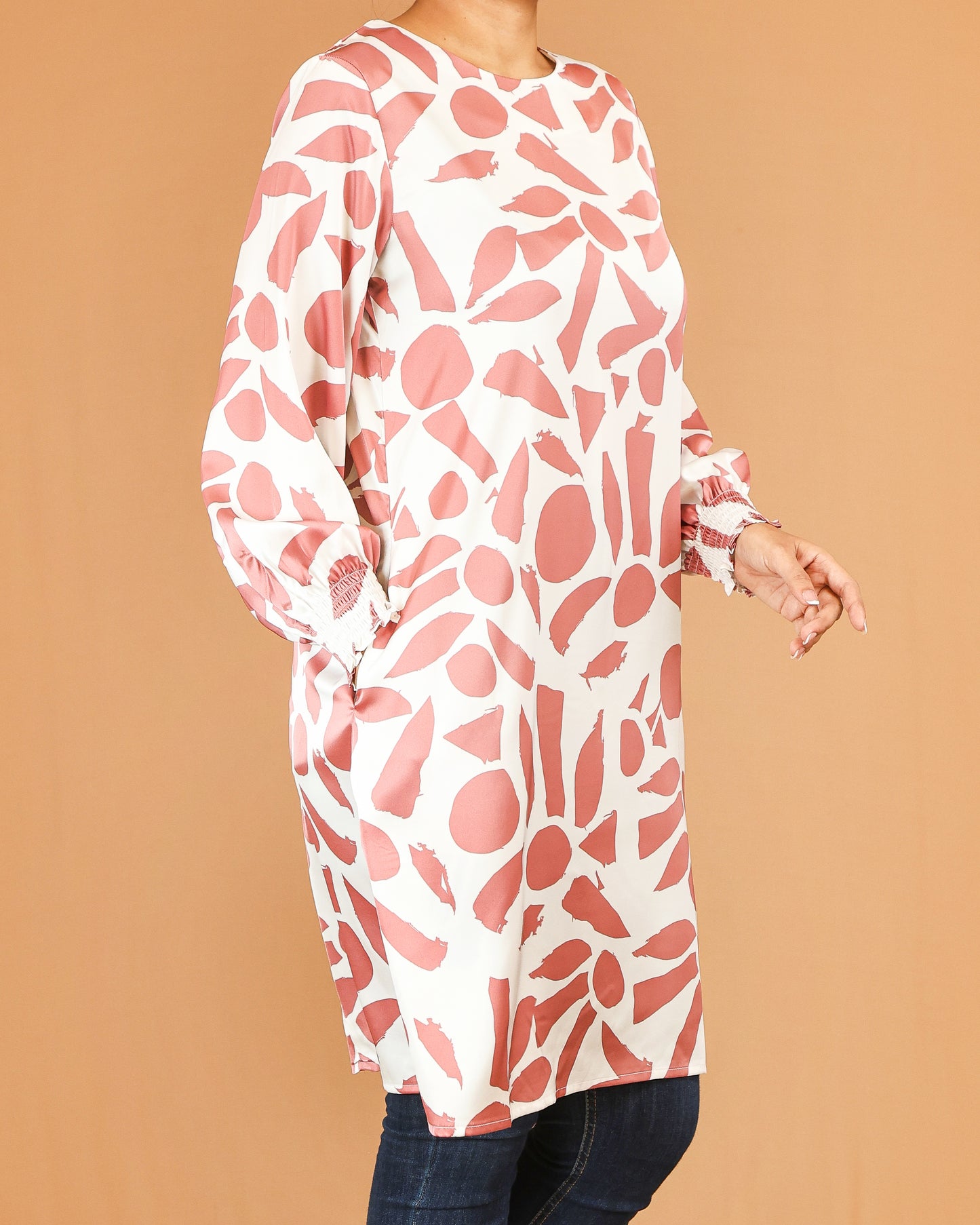 Pink Abstract Print Midi Top with Gathered Sleeves