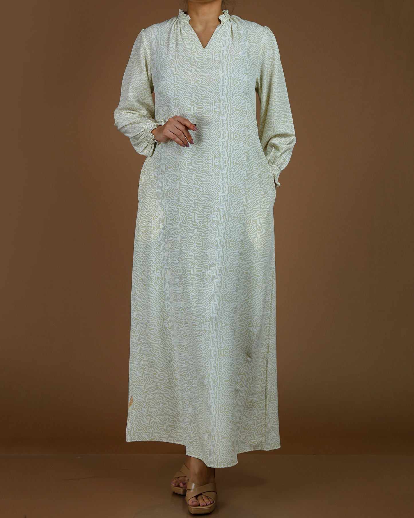 Elegant Printed Linen-Cotton Maxi Dress