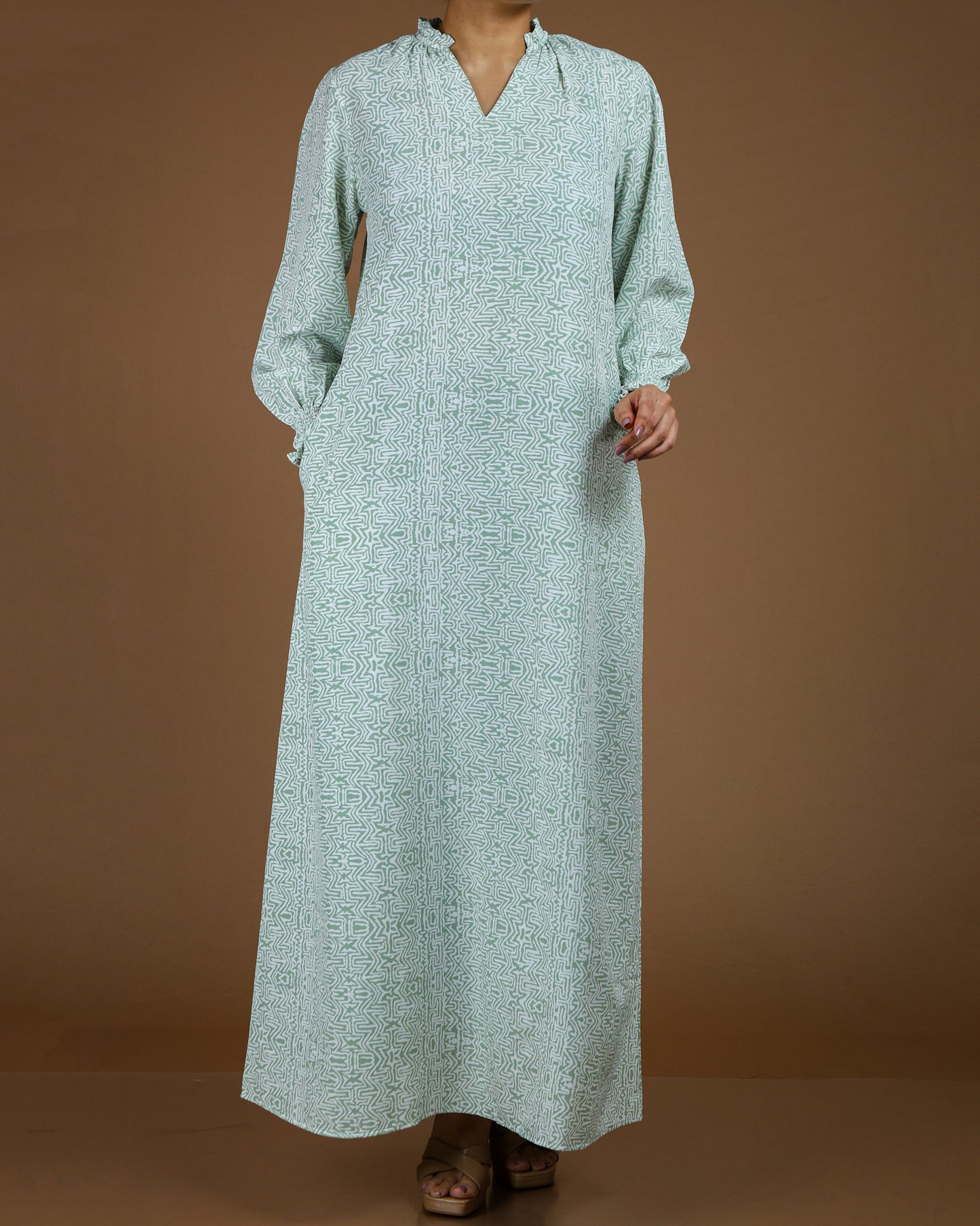 Elegant Printed Linen-Cotton Maxi Dress
