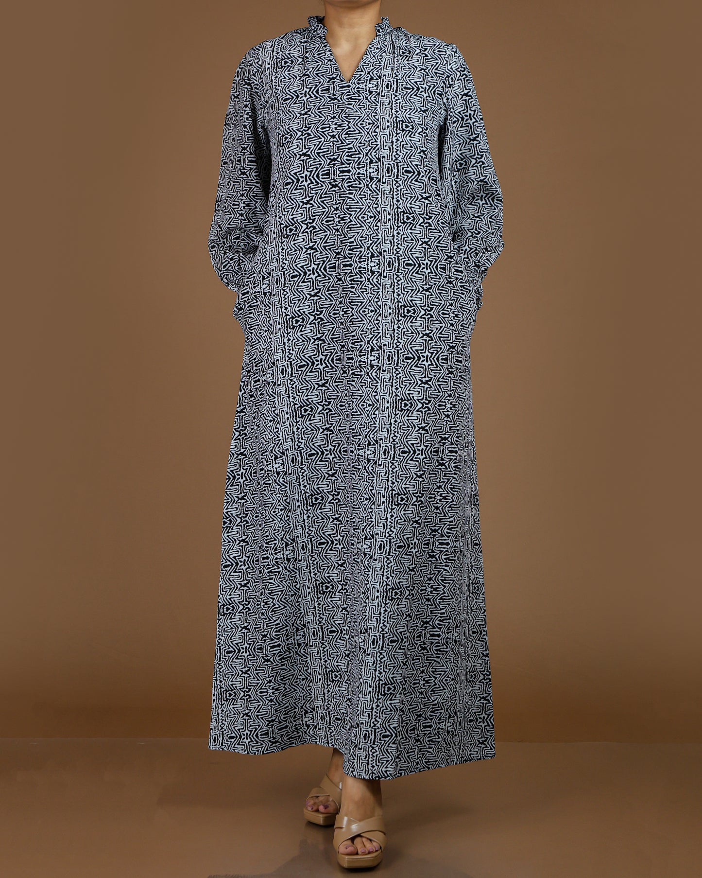 Elegant Printed Linen-Cotton Maxi Dress