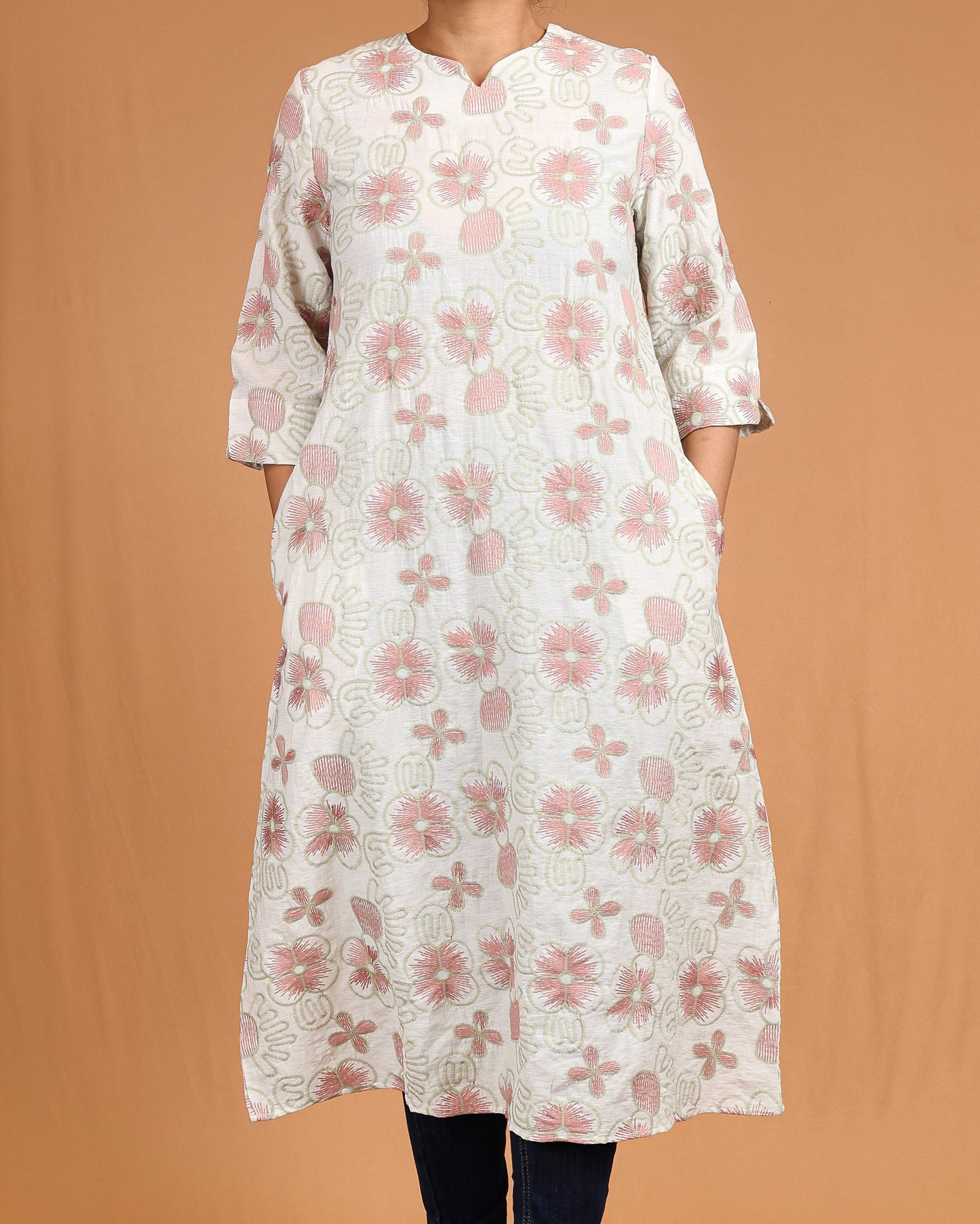 Floral Embroidered Midi – Pink & Sage