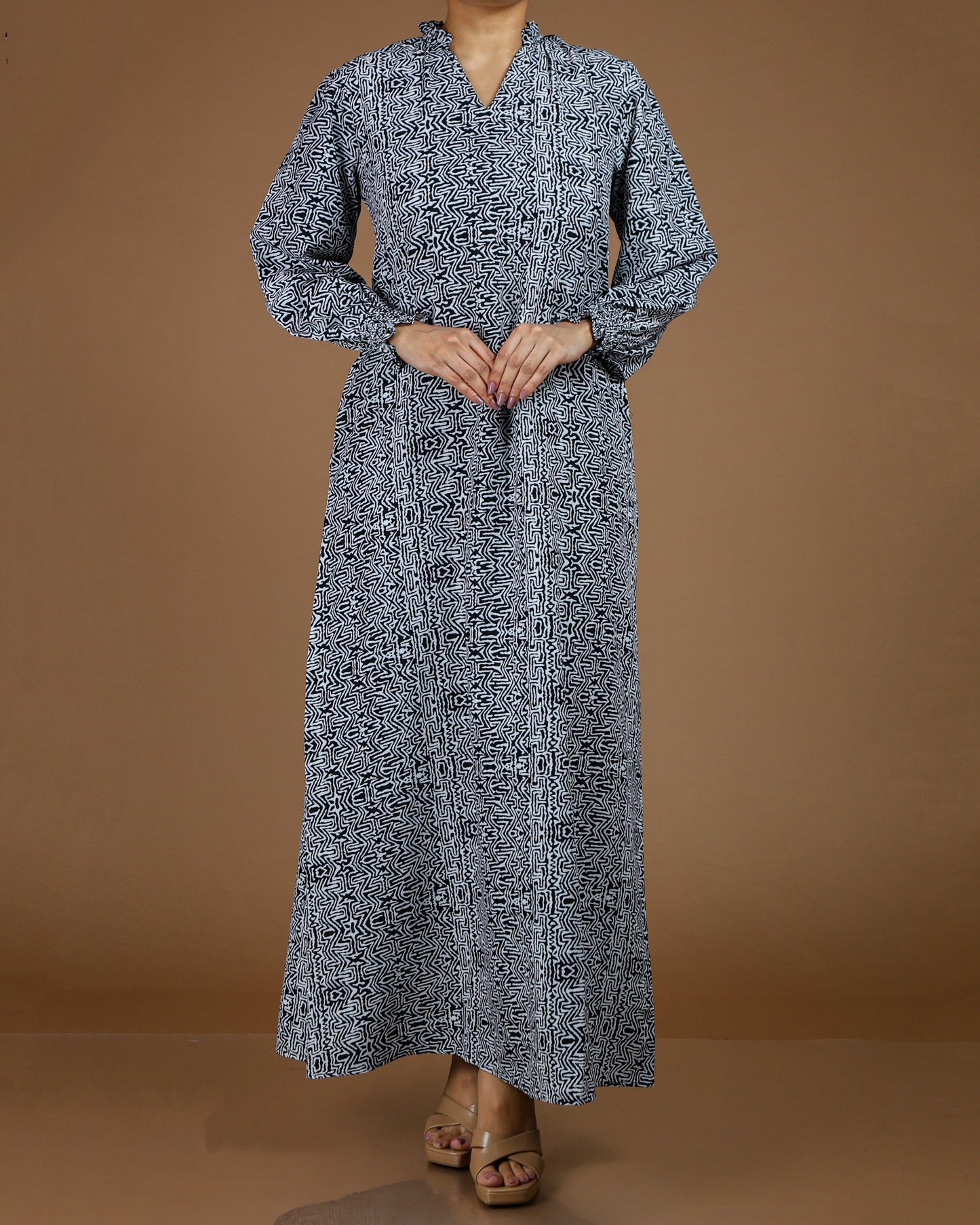 Elegant Printed Linen-Cotton Maxi Dress