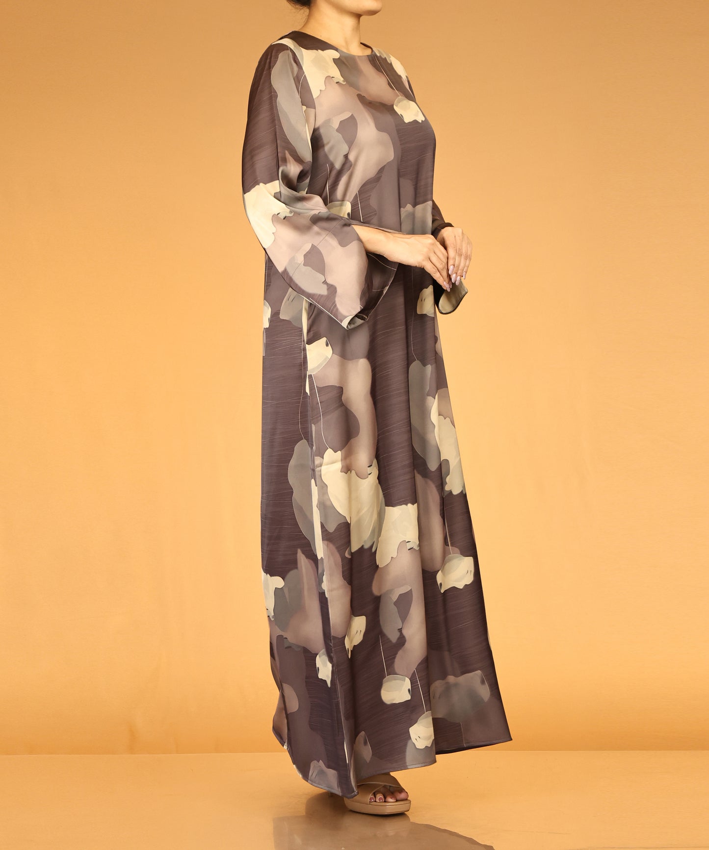 Floral Abstract Print Abaya – Mocha Brown