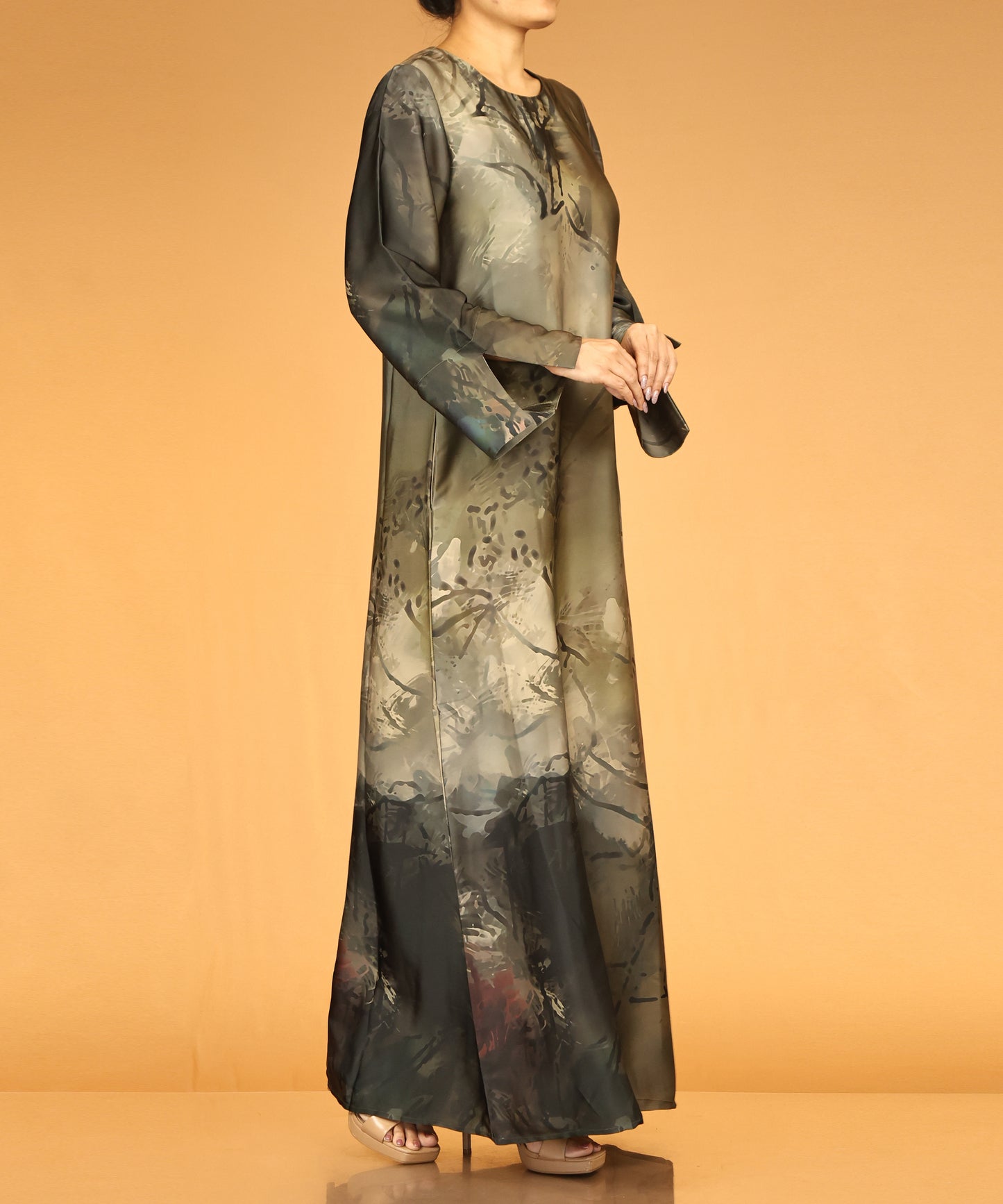 Olive Watercolour Print Long Maxi Abaya