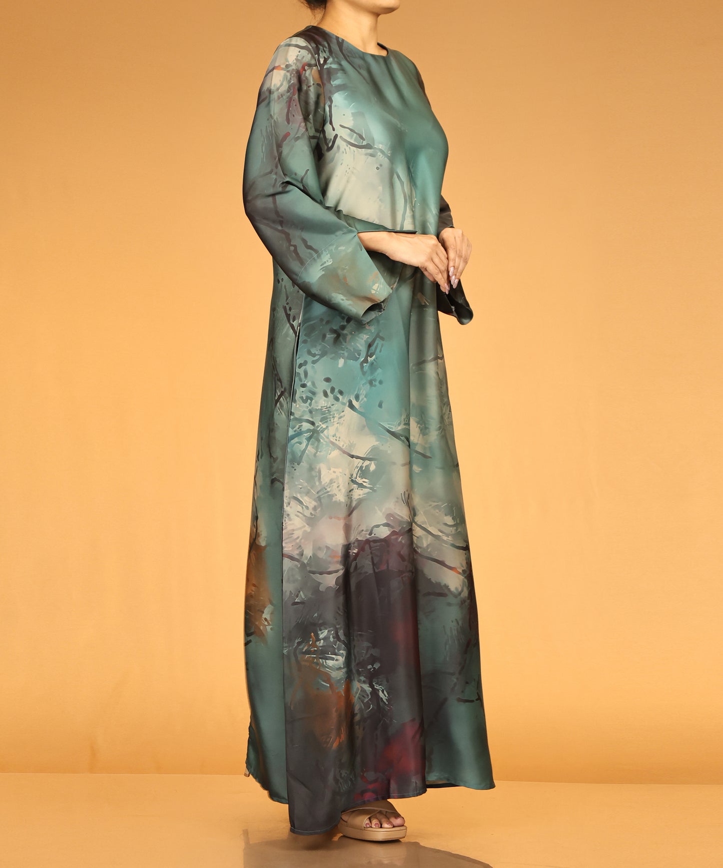 Teal Watercolour Print Long Maxi Abaya
