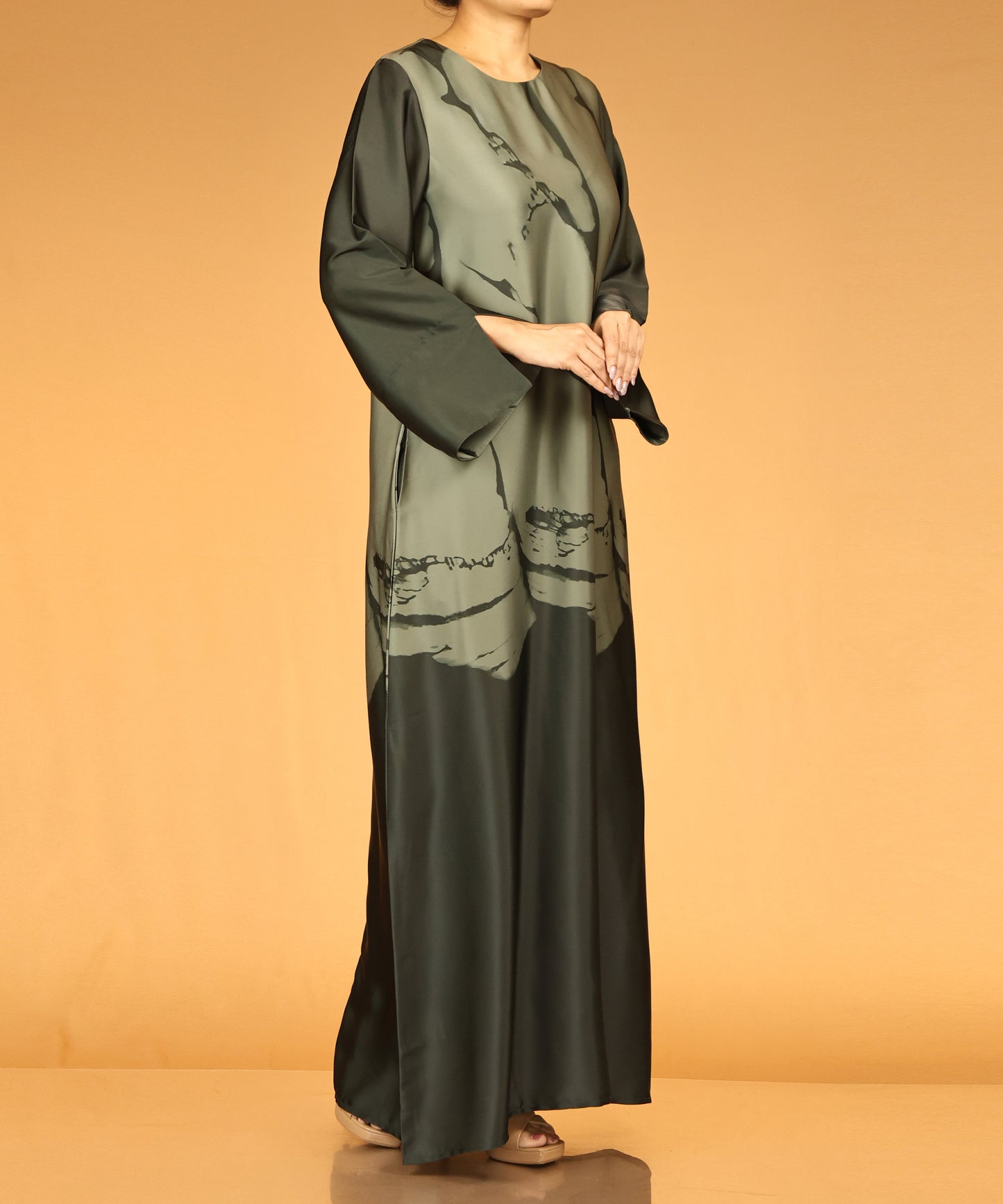 Olive Green Abstract Print Long Maxi Abaya