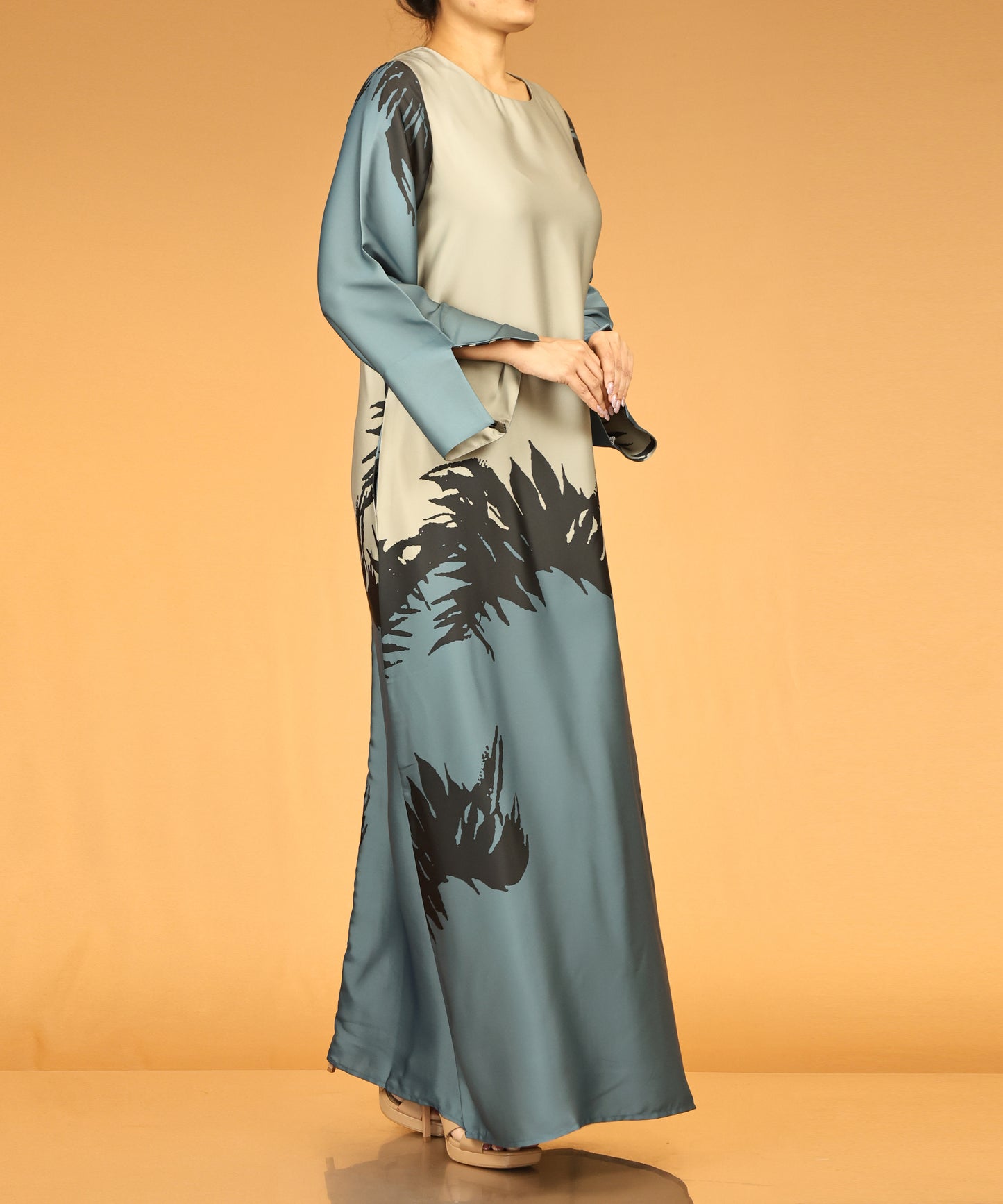 Teal & Beige Abstract Print Long Maxi Dress