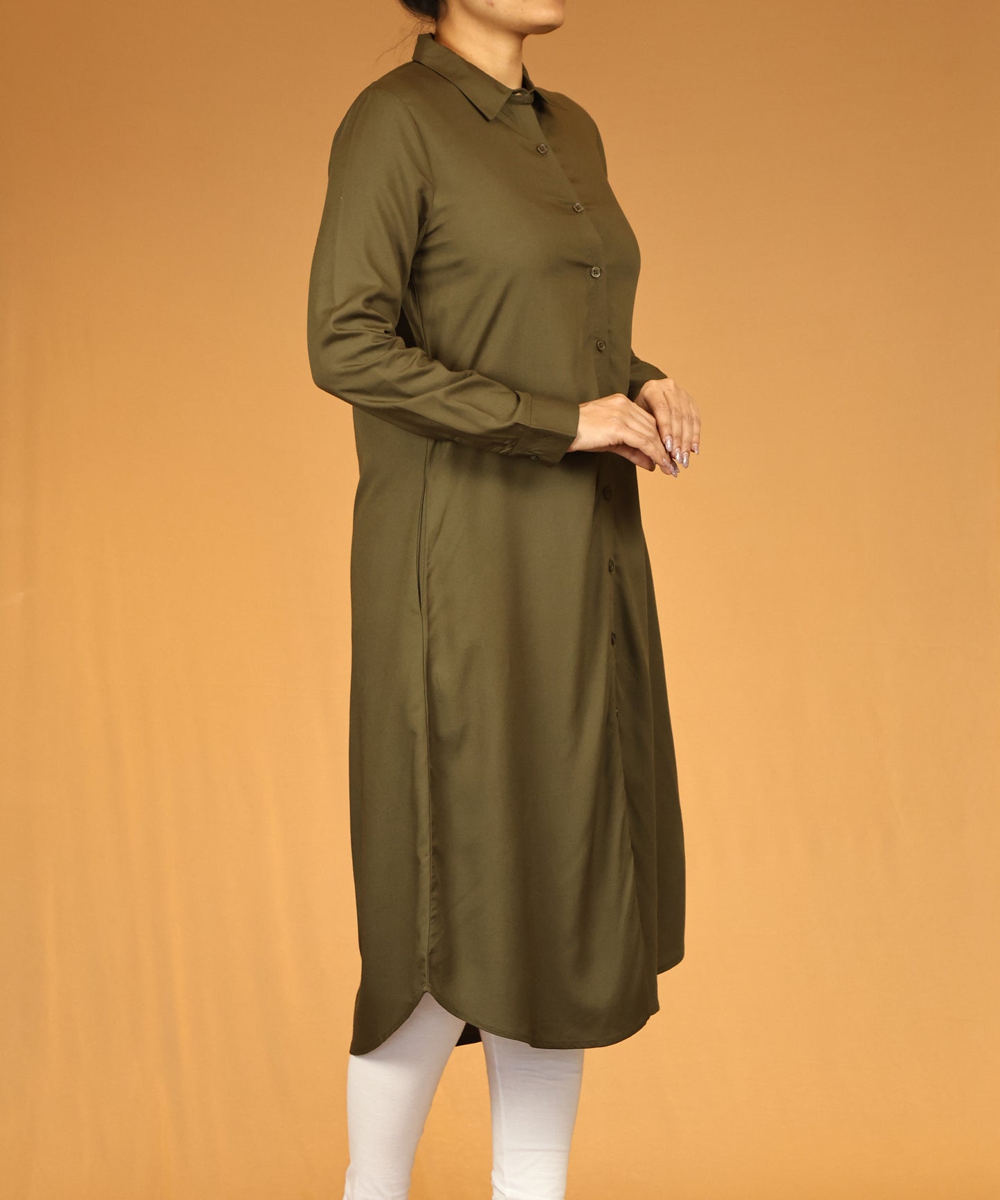 Olive Button-Down Long Shirt Dress