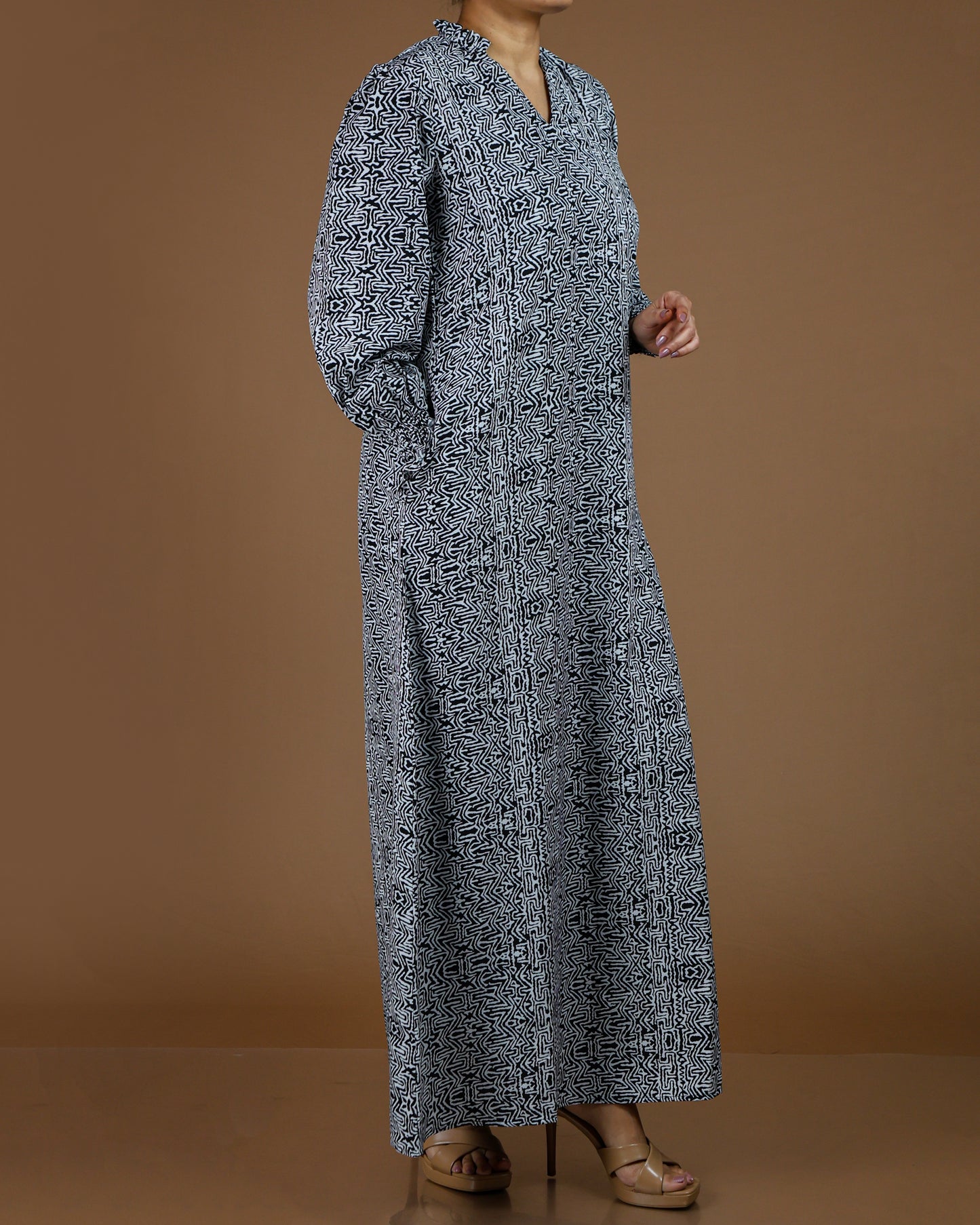 Elegant Printed Linen-Cotton Maxi Dress