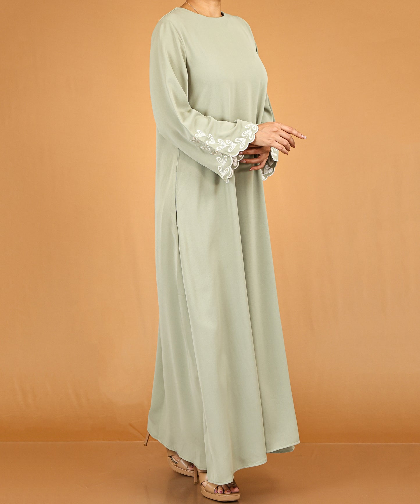 Sage Green Embroidered Bell-Sleeve Abaya