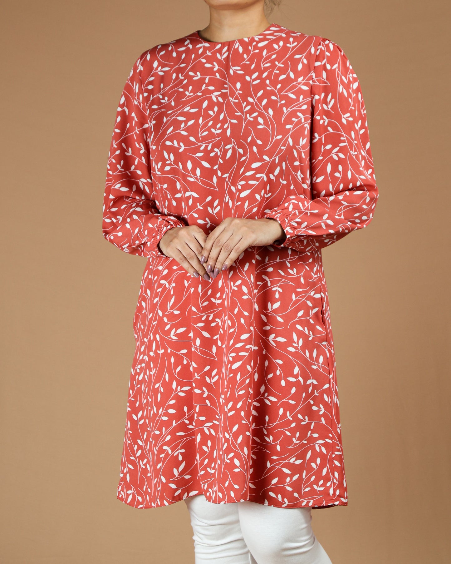 Leaf-Print Long Top with Pockets