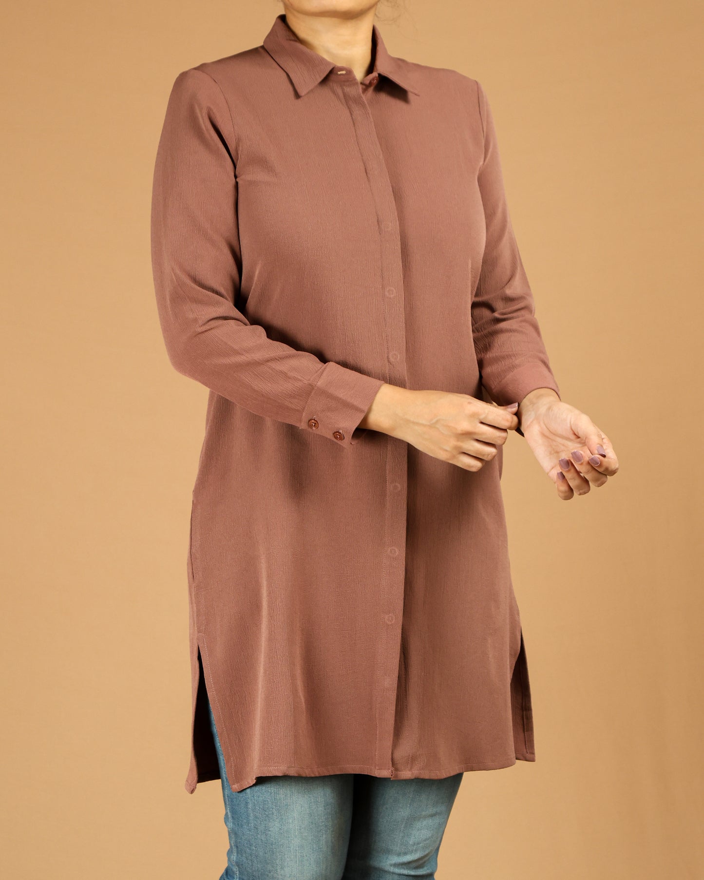 Classic Button-Down Long Shirt with Side Slits