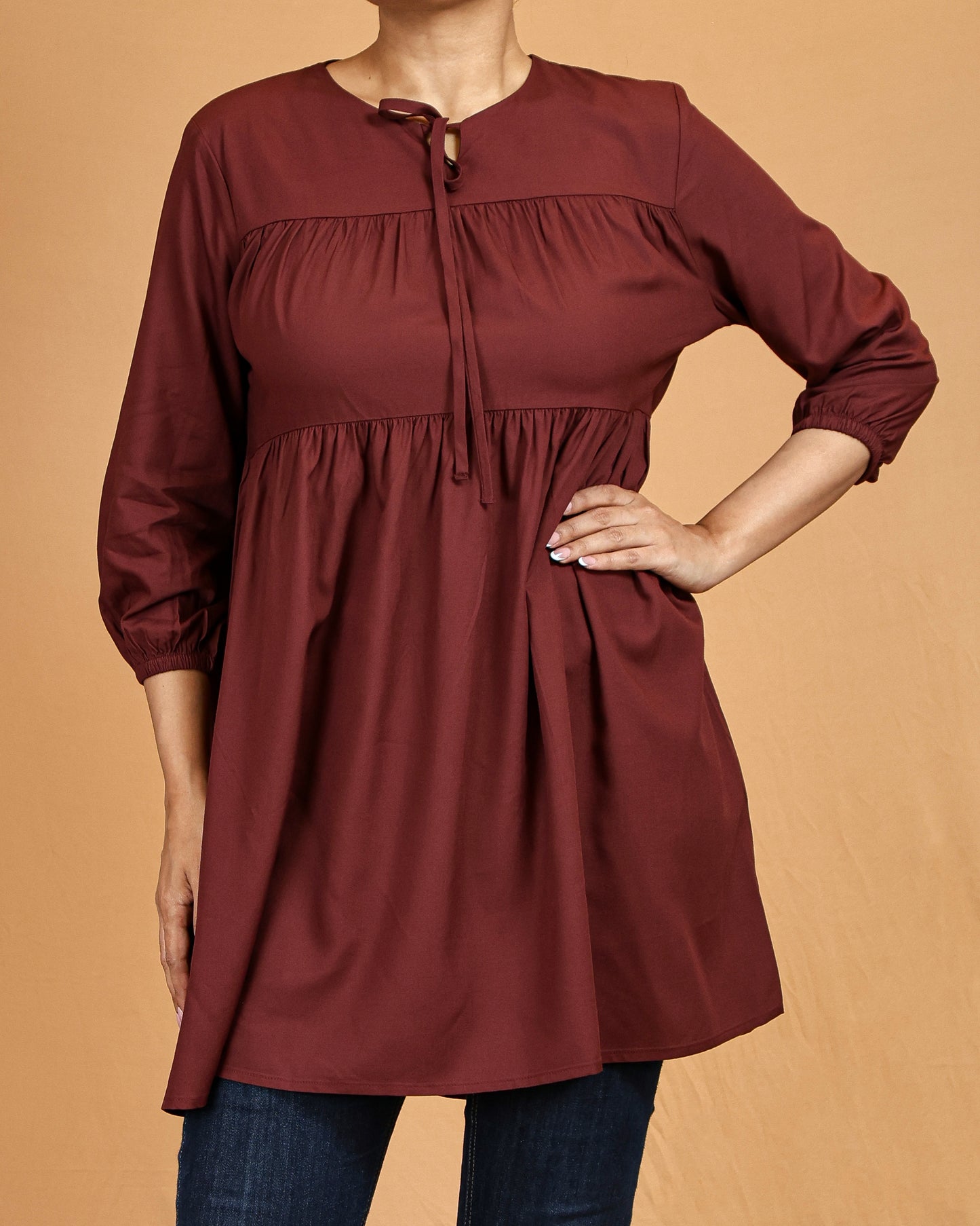 Tiered Tie-Neck Modest Top – Deep Maroon