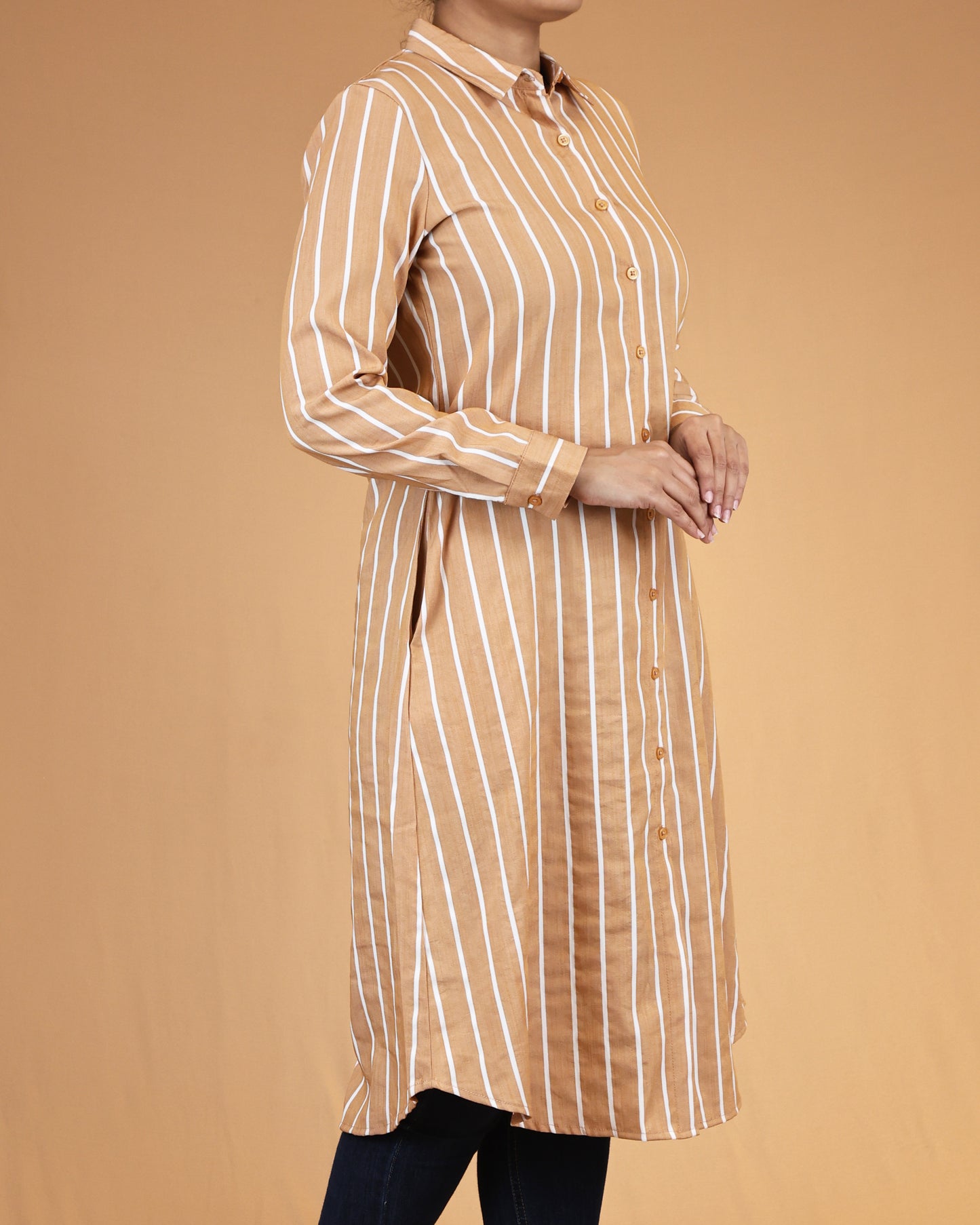 Warm Sand Striped Shirt Dress with Classic Collar