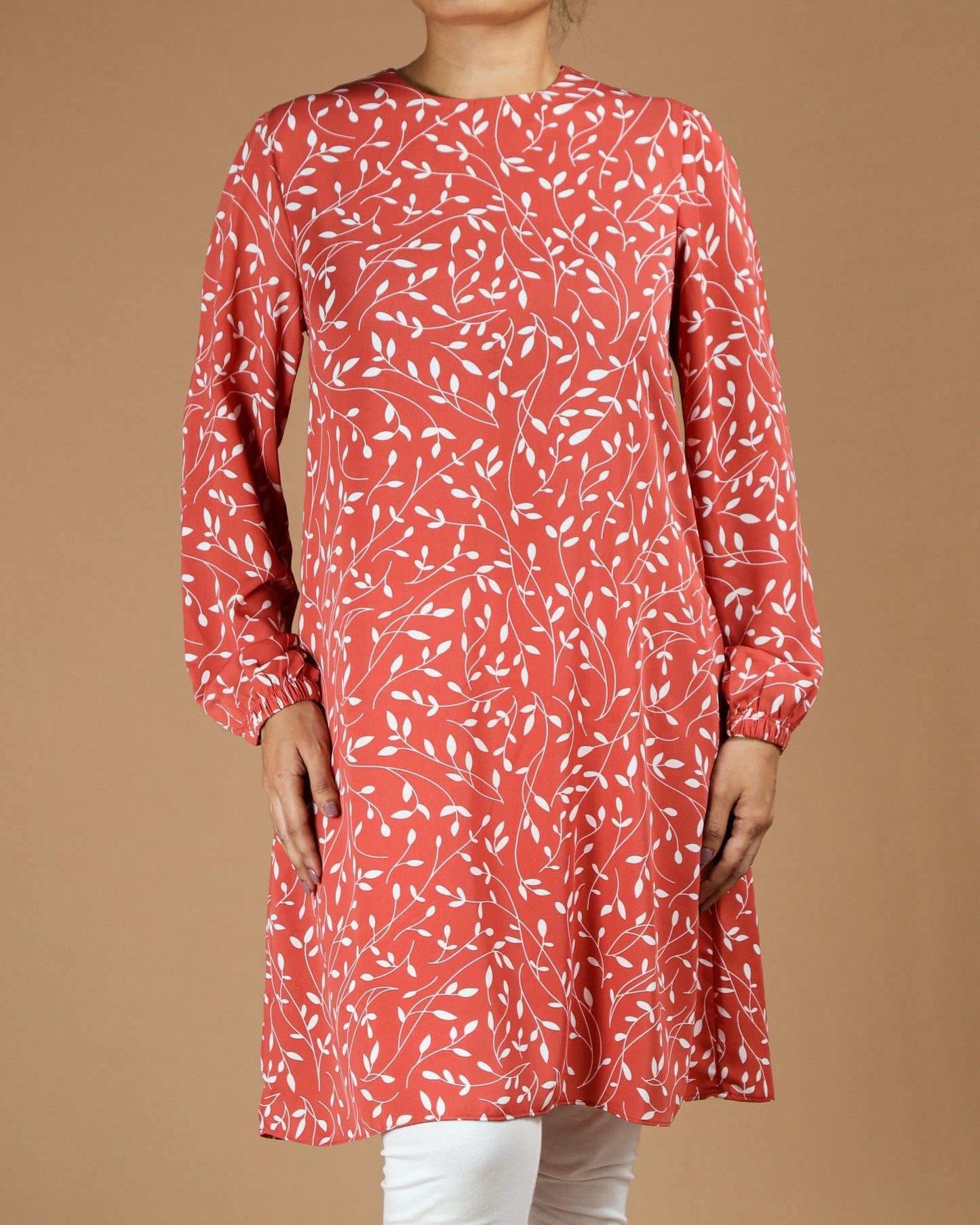 Leaf-Print Long Top with Pockets