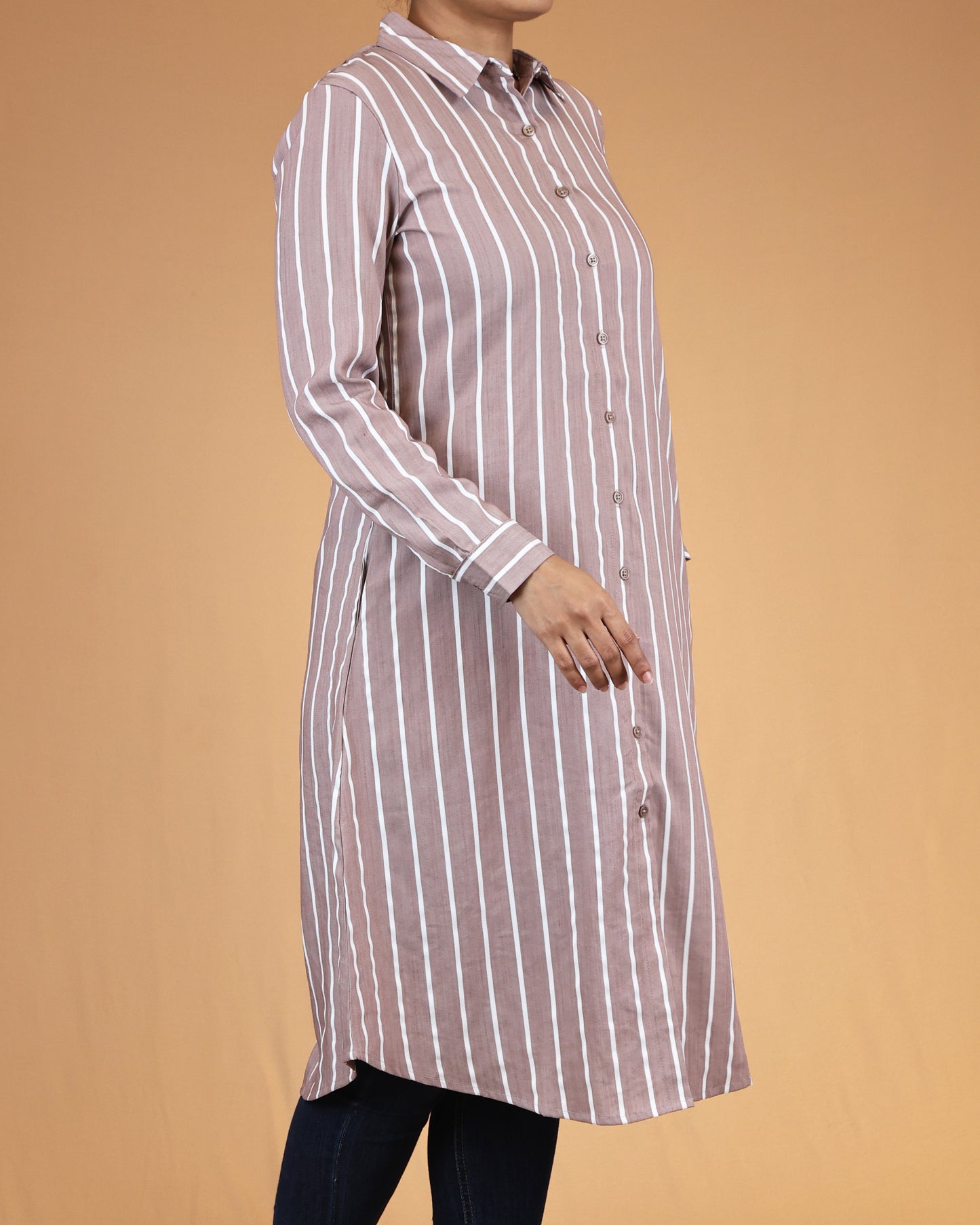 Dusty Rose Striped Shirt Dress with Classic Collar
