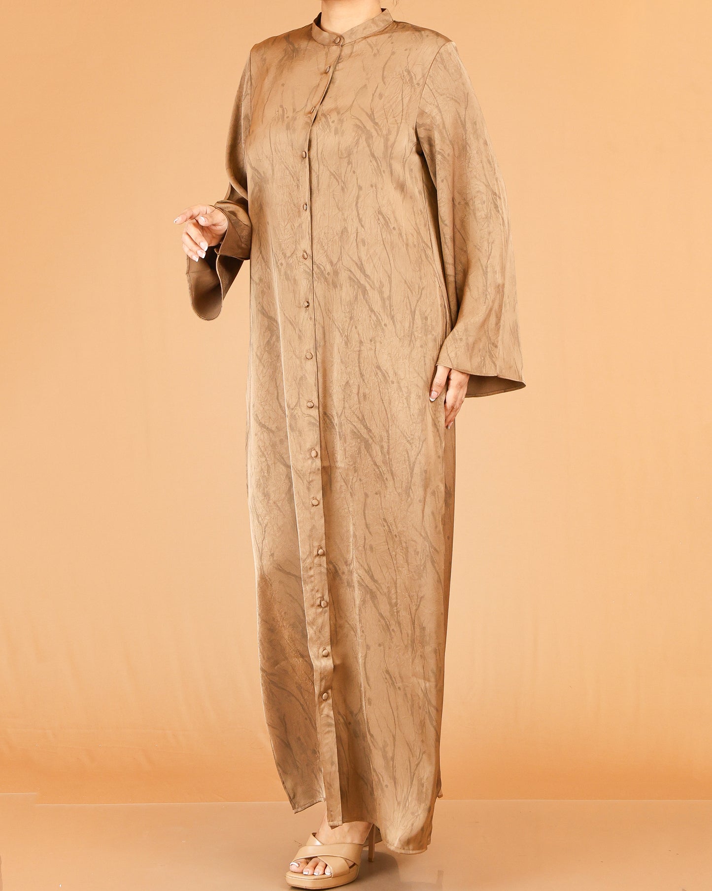 Brown Marble Print Abaya Maxi with Front Button Detail