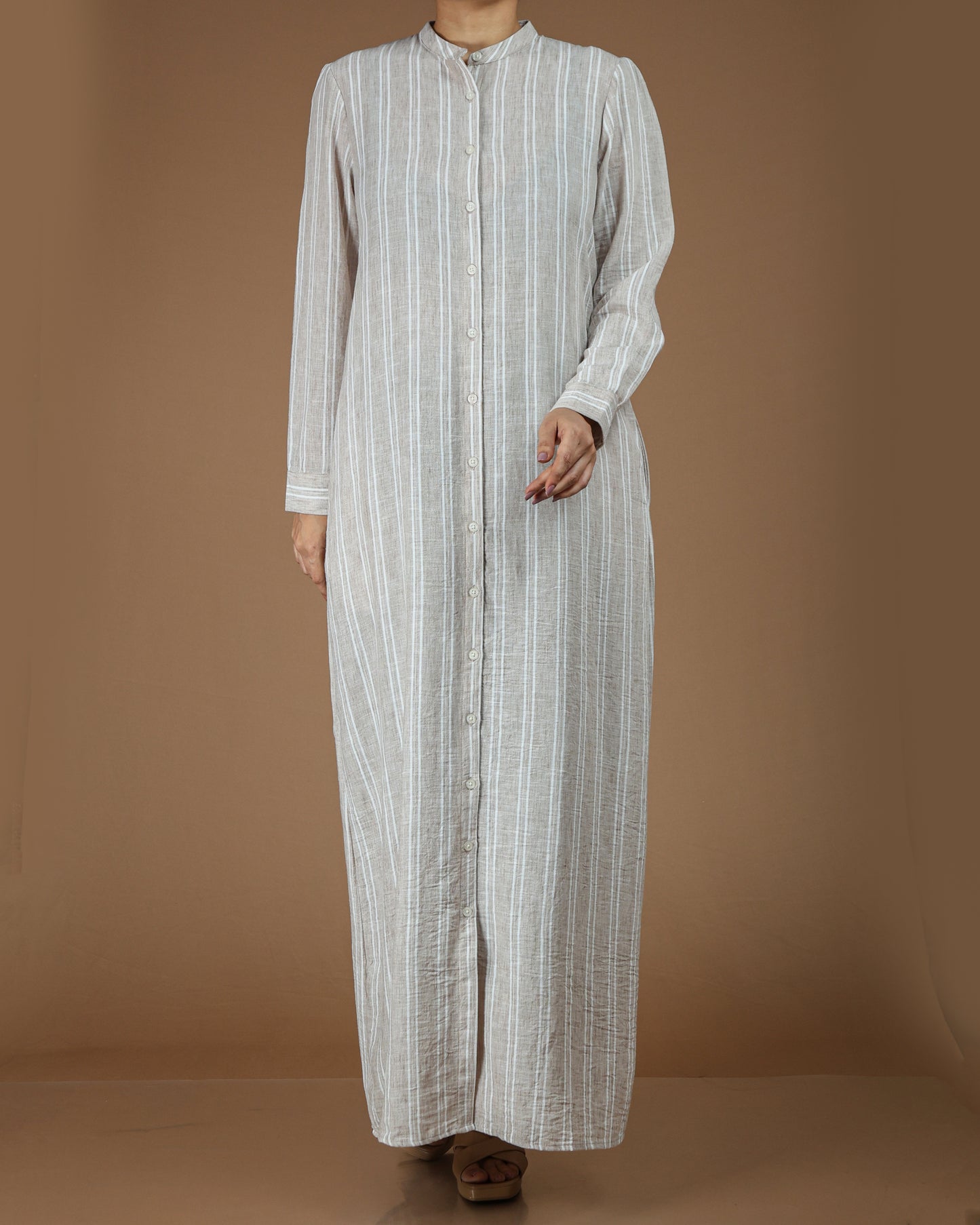 Classic Striped Linen-Cotton Maxi Shirt Dress