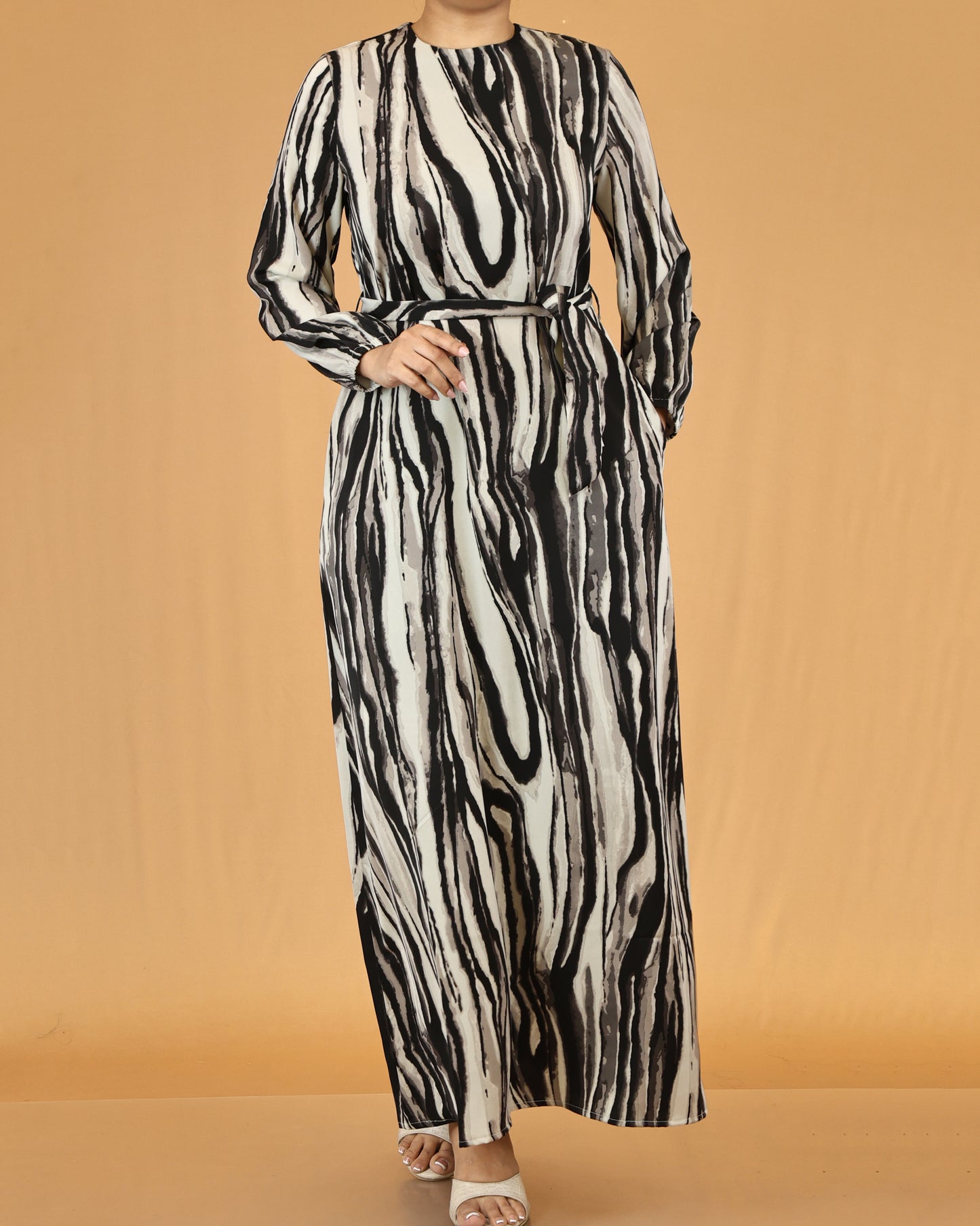 Waist Tie Belt Long Sleeve Grey Zebra Print Maxi Dress