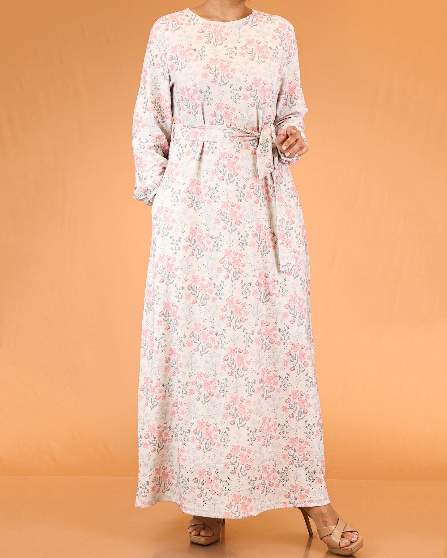 Ivory Blush Floral Belted Maxi Dress