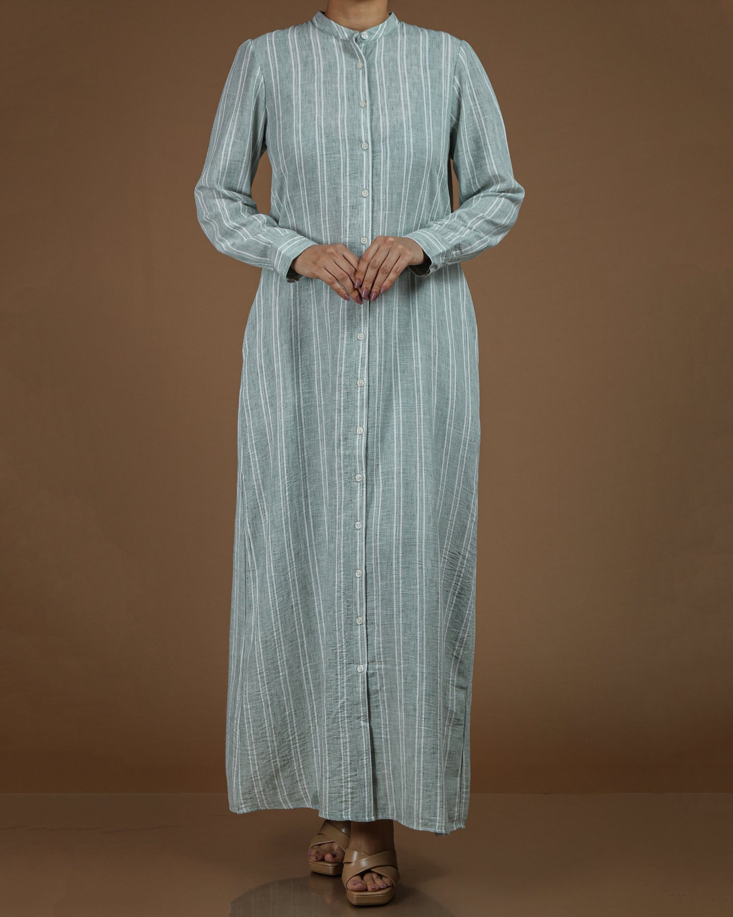 Classic Striped Linen-Cotton Maxi Shirt Dress