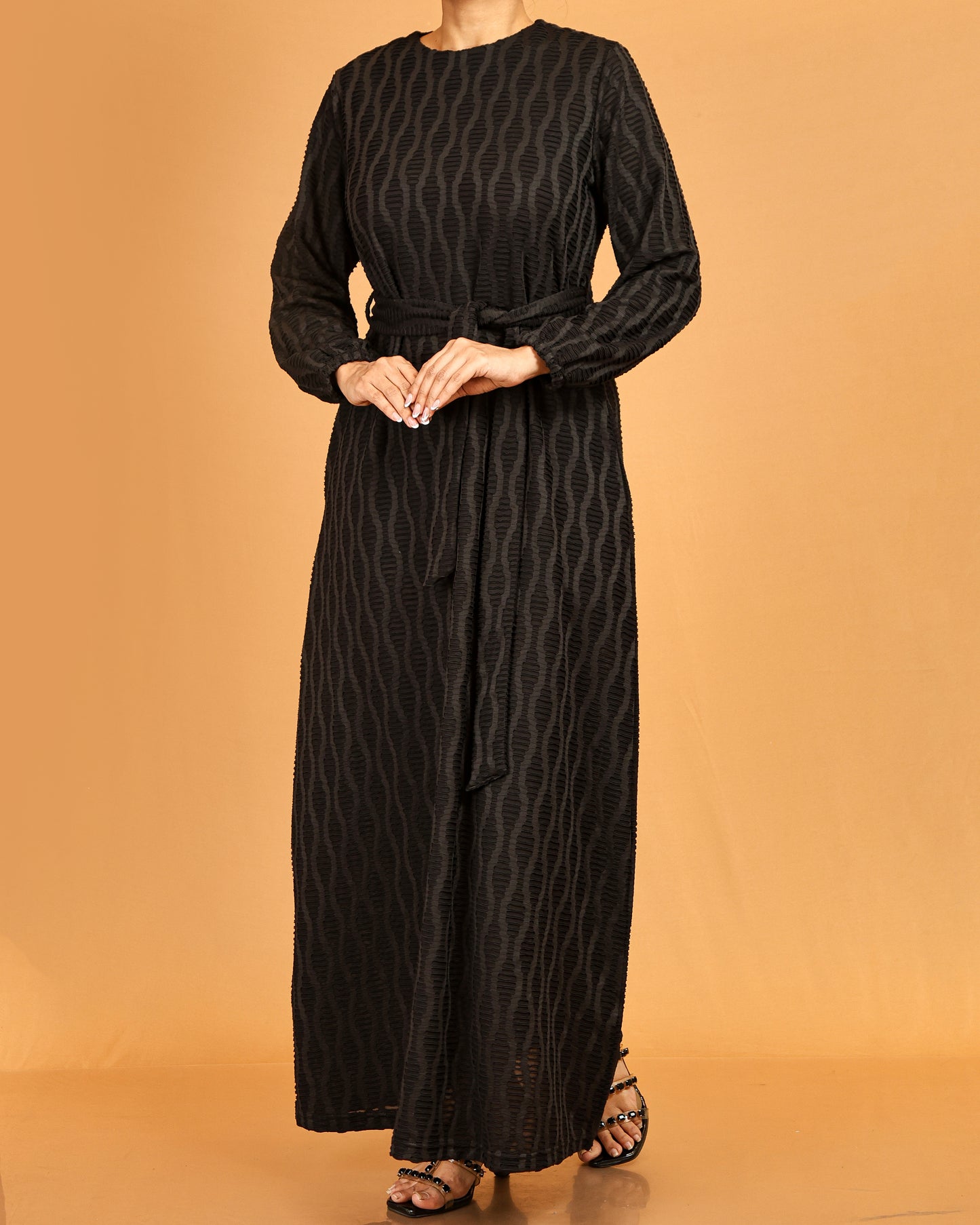 Textured Belted Maxi Dress – Classic Black