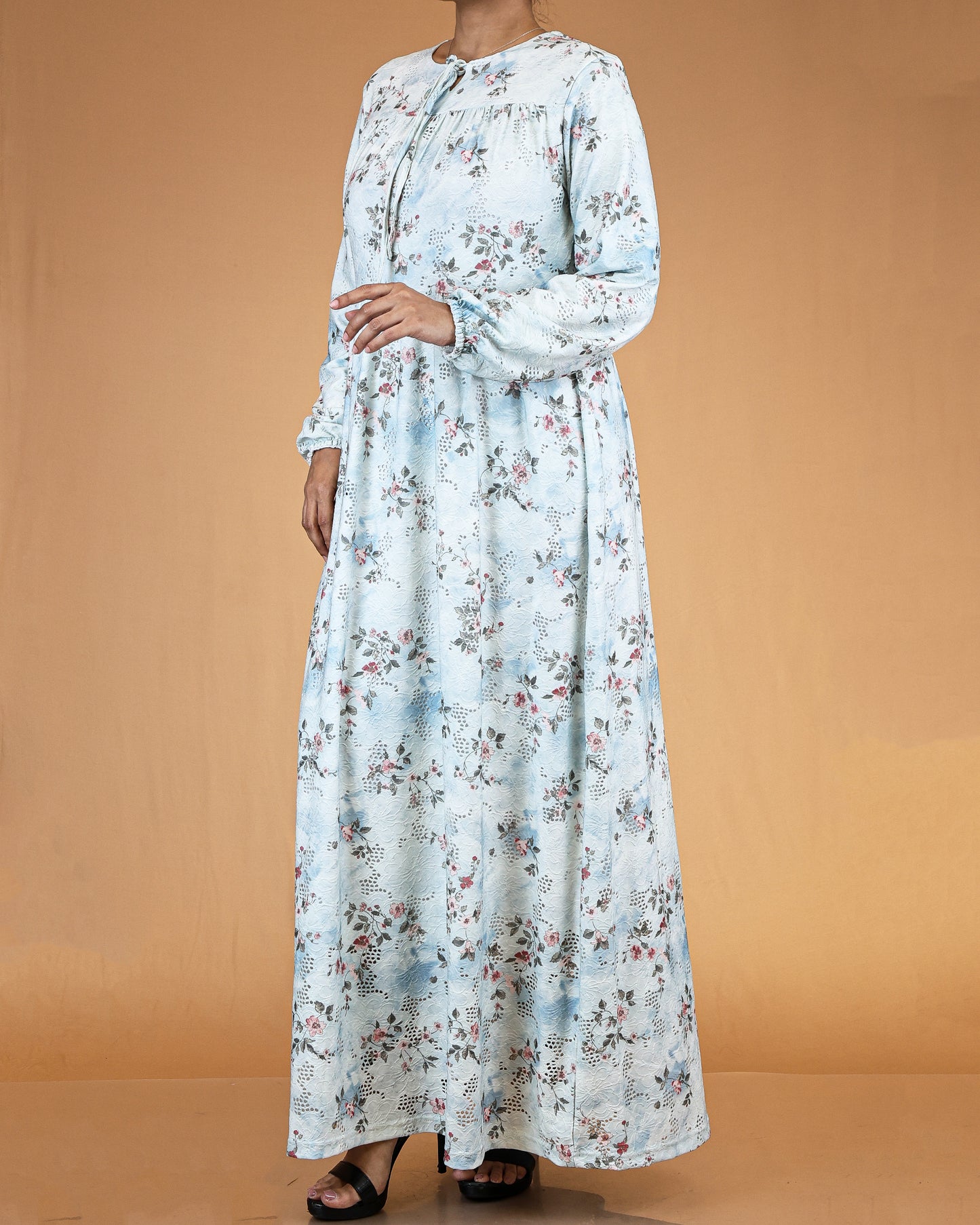 Pastel Blue Floral Lace Abaya Maxi Dress
