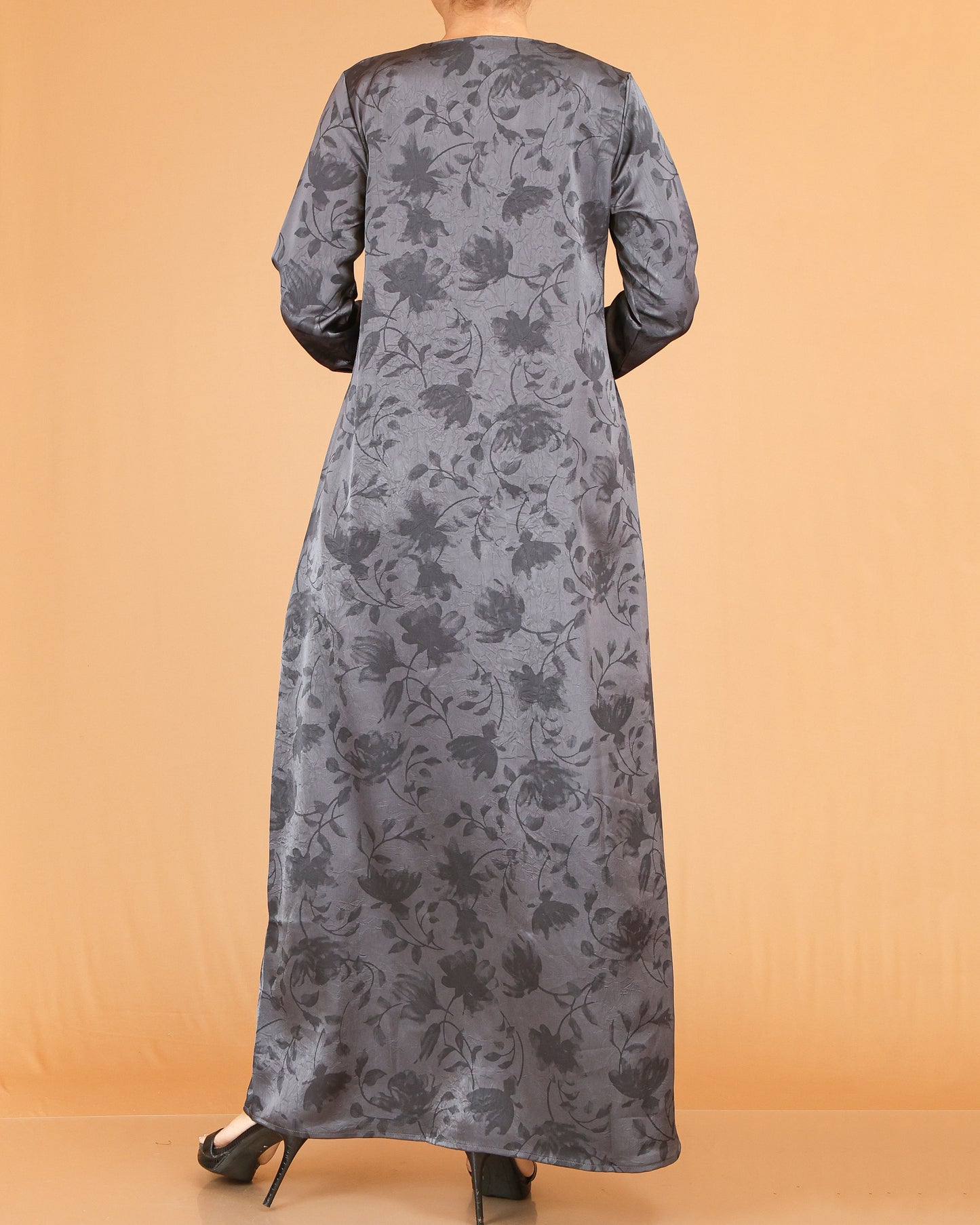 Charcoal Floral Print Abaya Maxi with V-Neckline