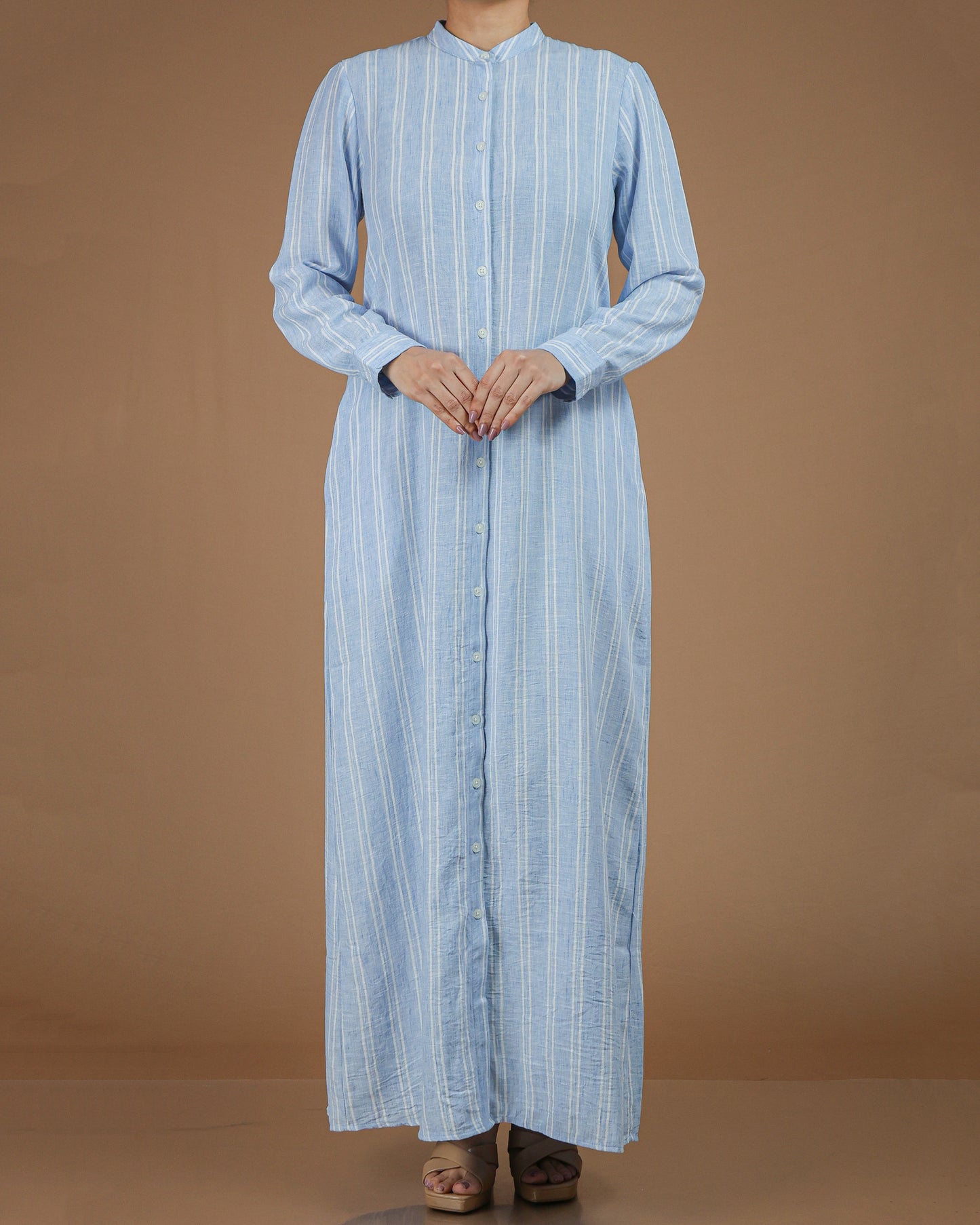 Classic Striped Linen-Cotton Maxi Shirt Dress