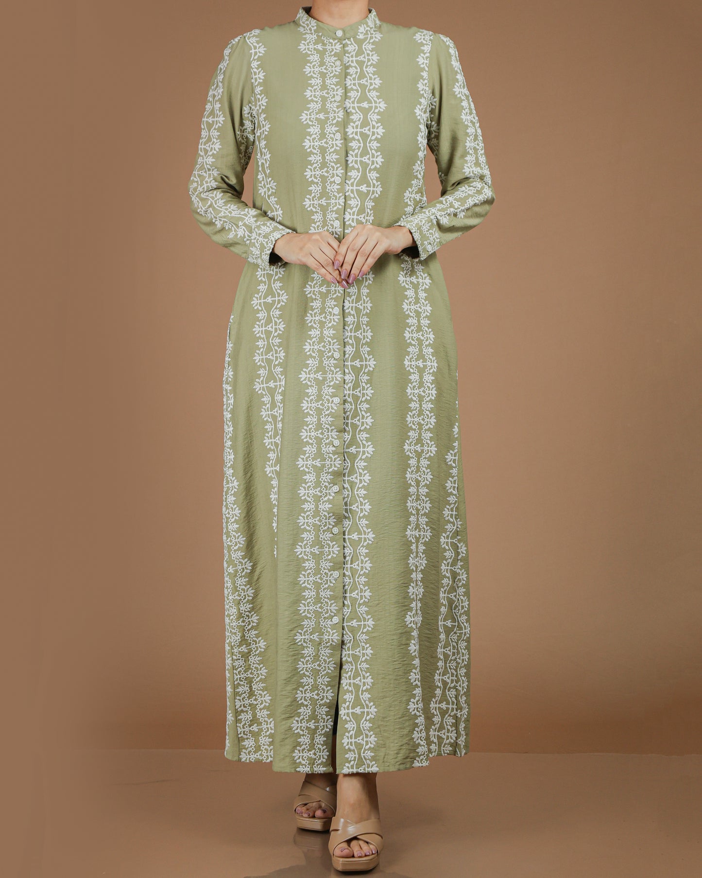 Printed Linen-Cotton Maxi Dress with Long Sleeves