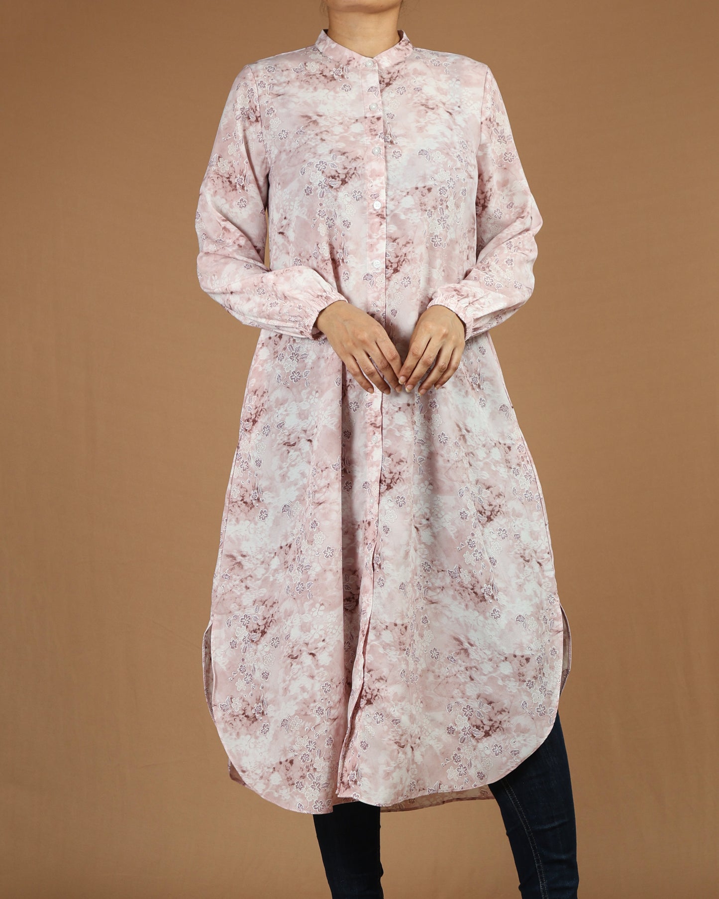 Flowy Long Shirt Tunic - Elegant Floral Print