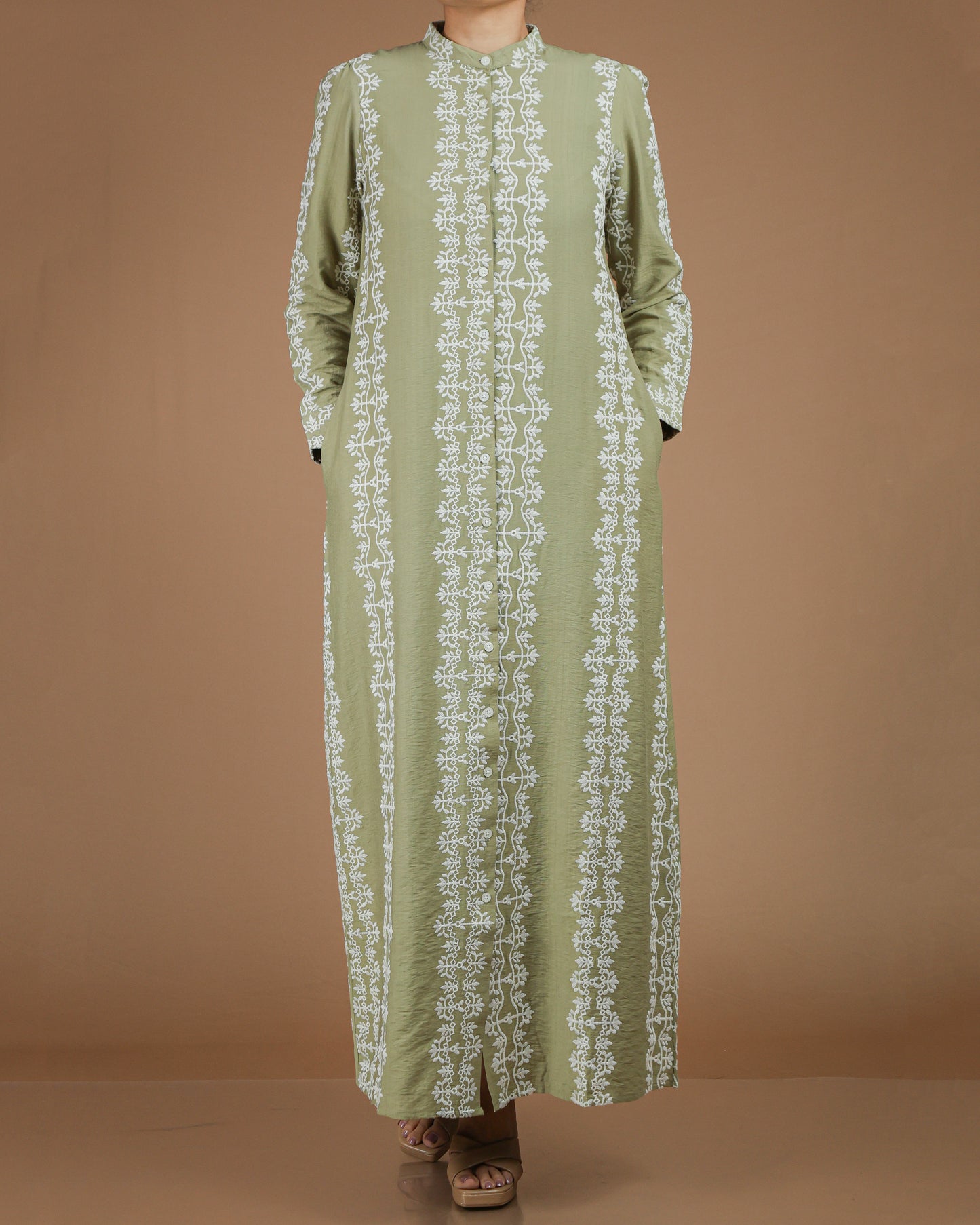 Printed Linen-Cotton Maxi Dress with Long Sleeves