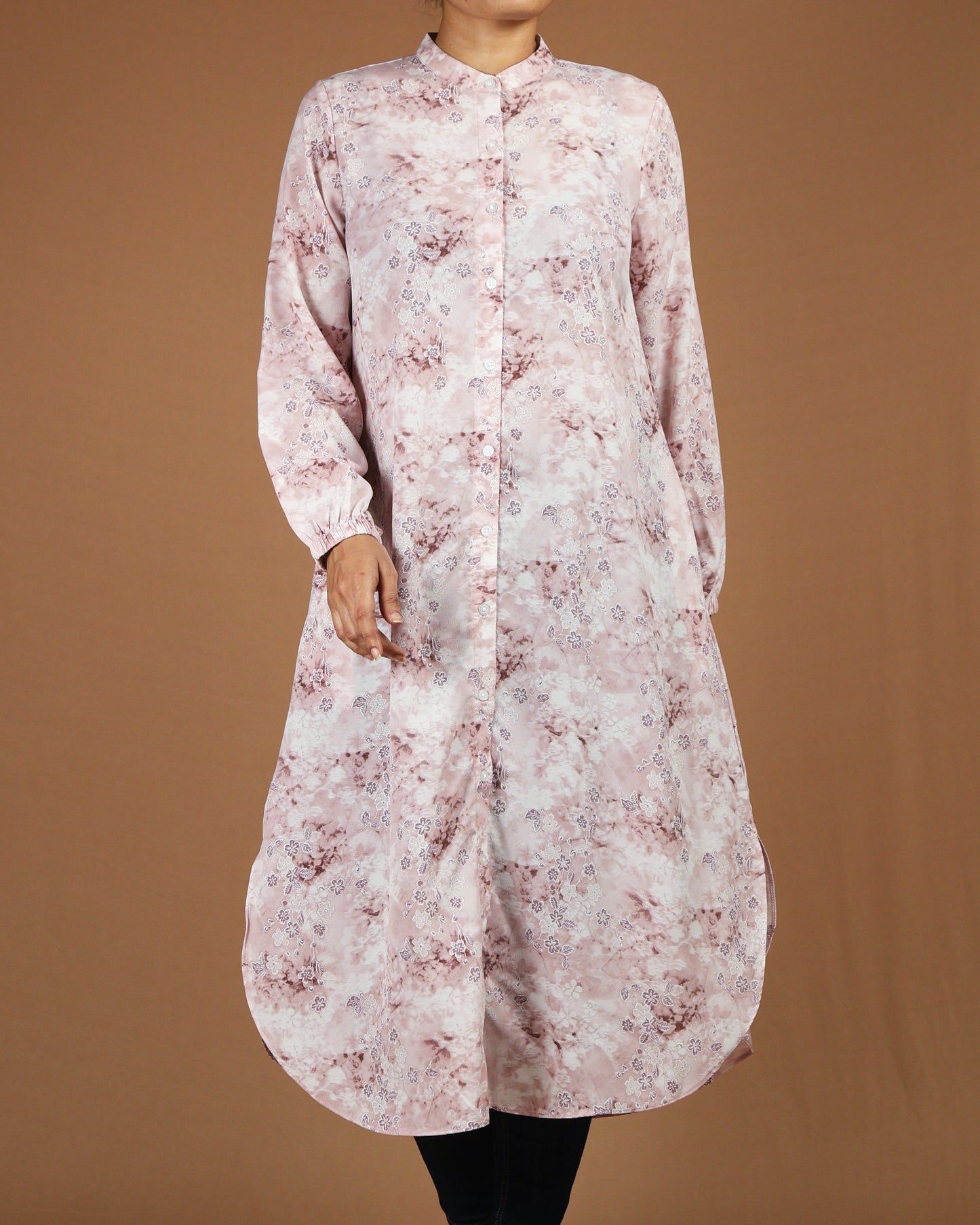 Flowy Long Shirt Tunic - Elegant Floral Print