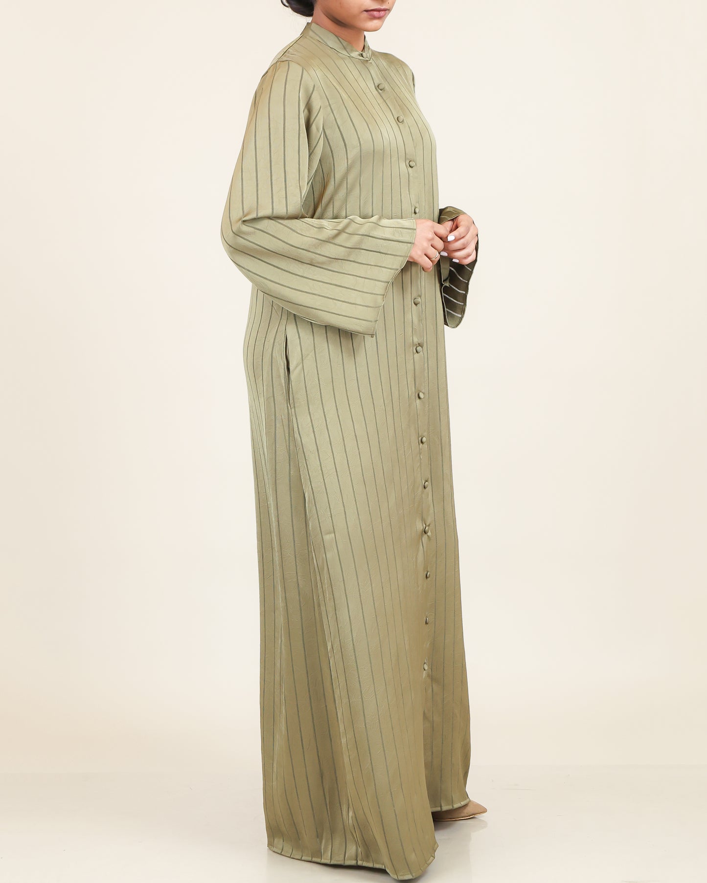 Olive Satin Stripe Abaya Maxi