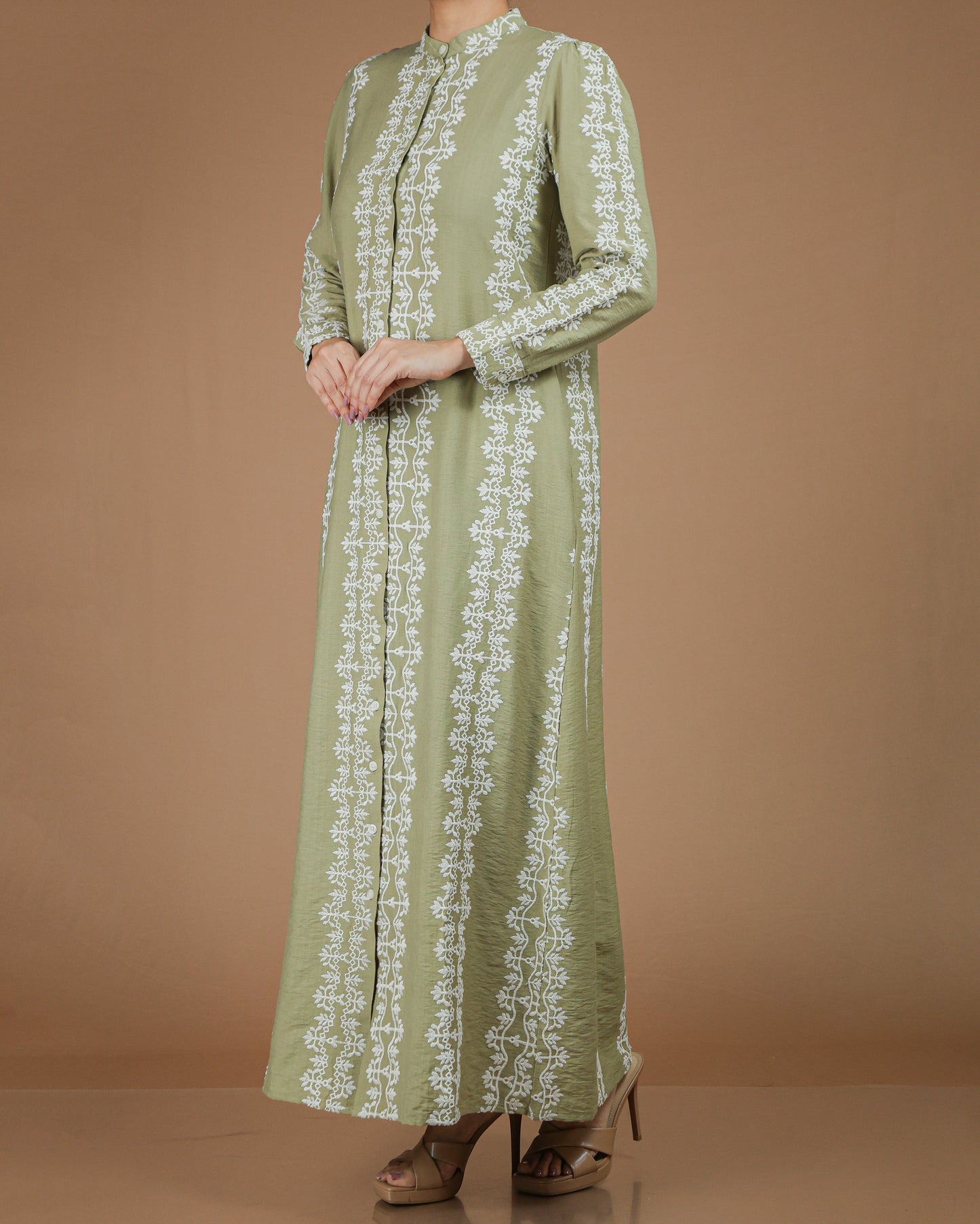 Printed Linen-Cotton Maxi Dress with Long Sleeves