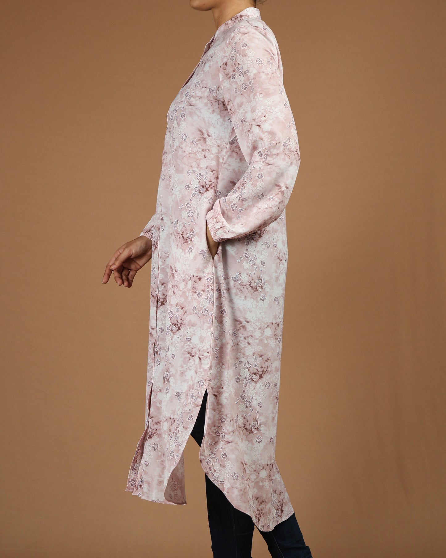 Flowy Long Shirt Tunic - Elegant Floral Print