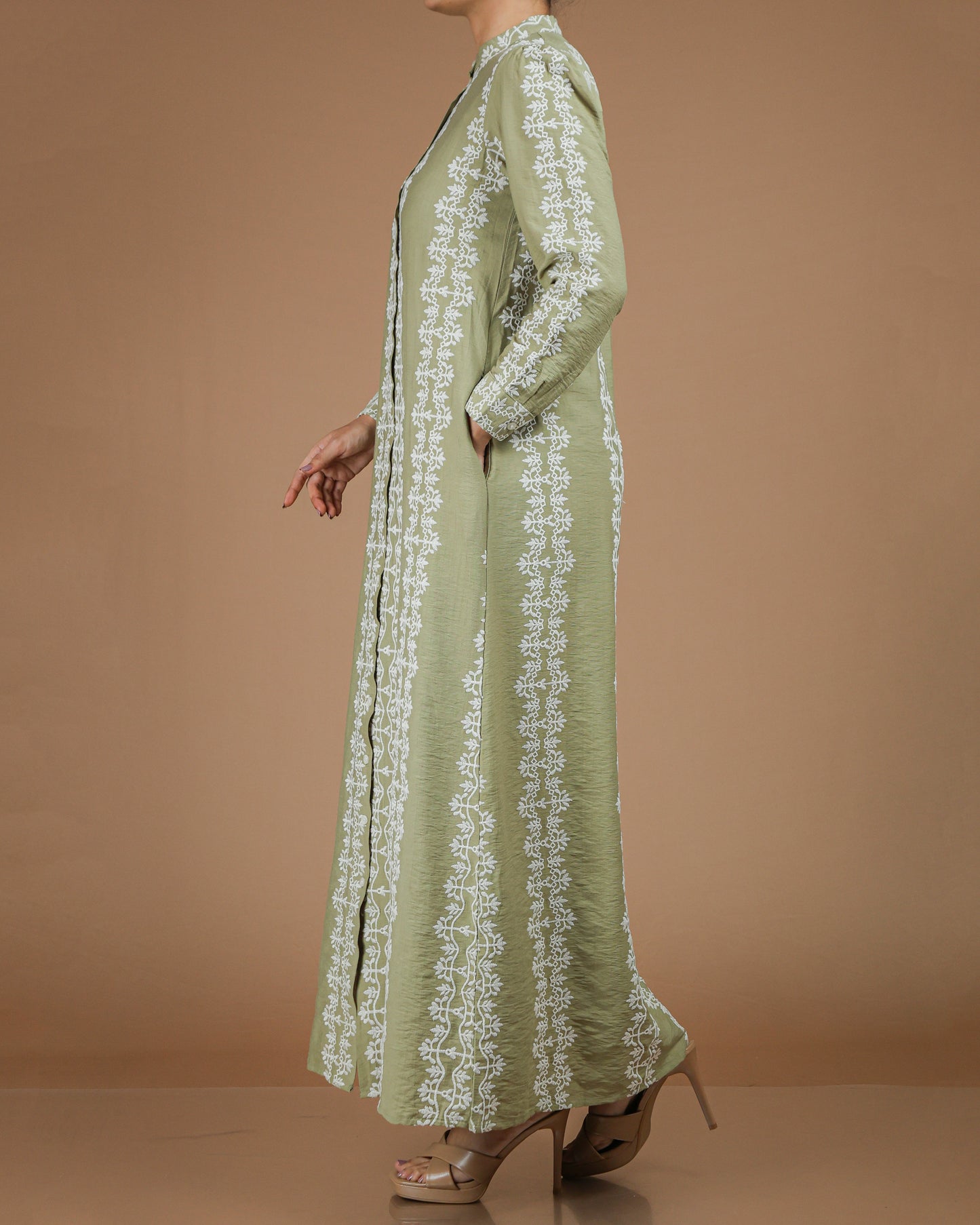 Printed Linen-Cotton Maxi Dress with Long Sleeves