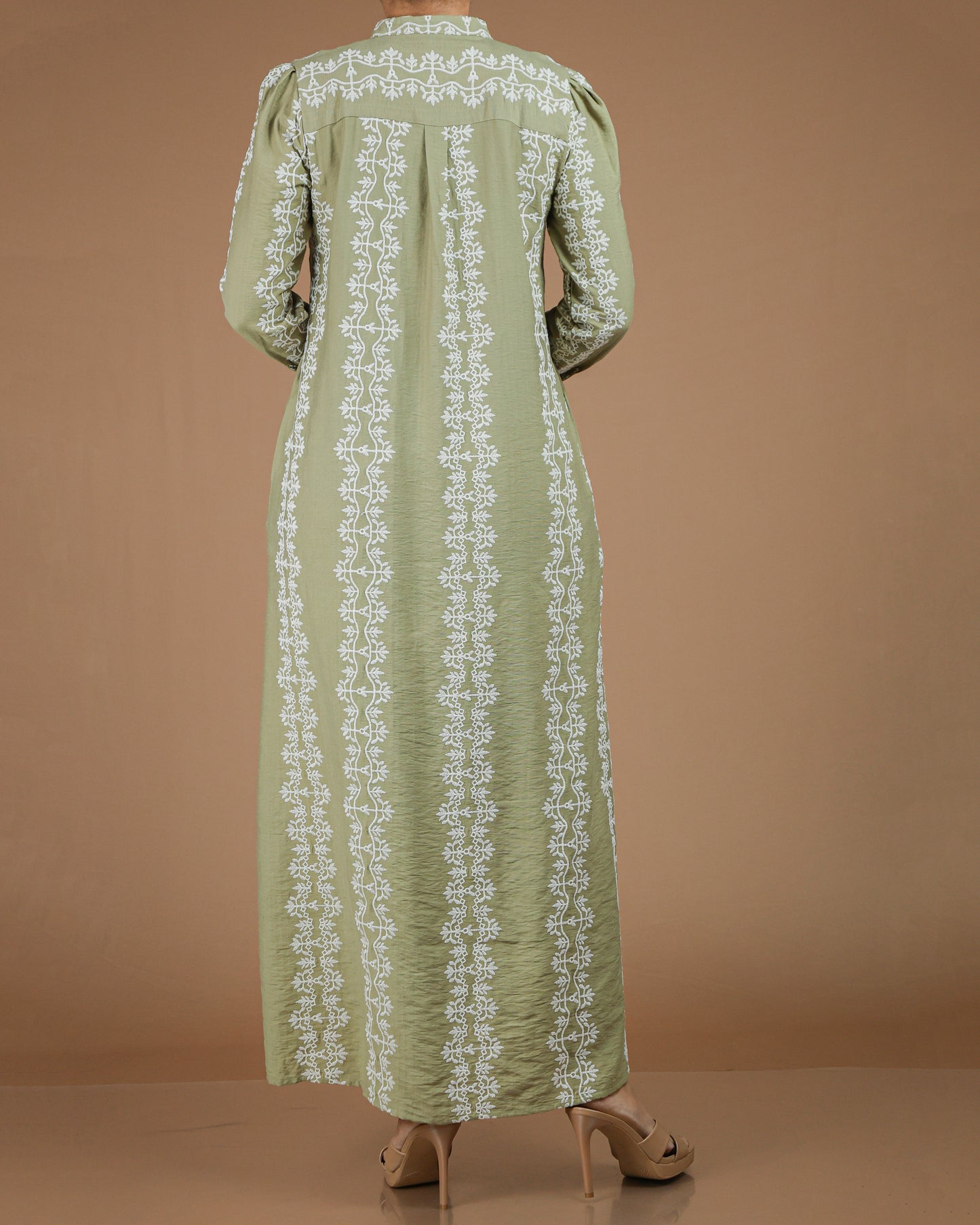 Printed Linen-Cotton Maxi Dress with Long Sleeves
