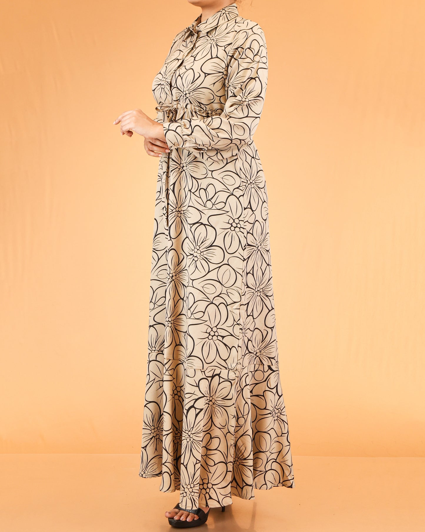 Beige Floral Line Print Abaya Maxi Dress