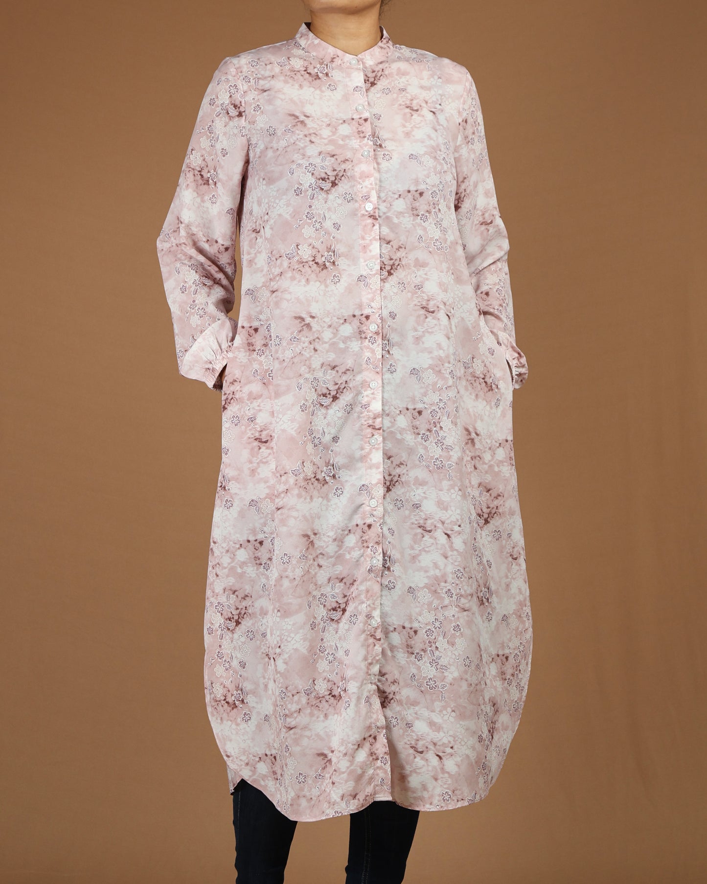 Flowy Long Shirt Tunic - Elegant Floral Print