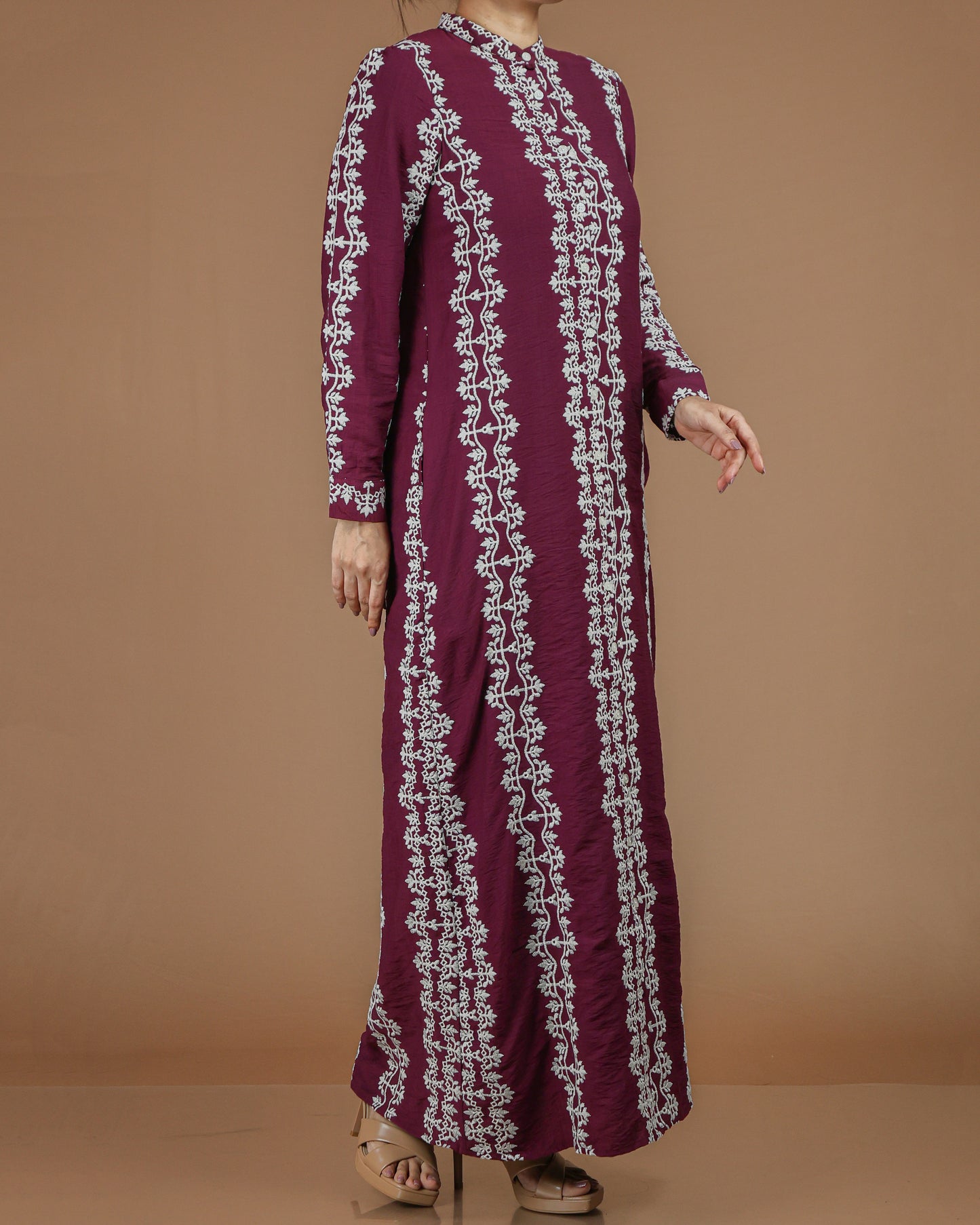 Printed Linen-Cotton Maxi Dress with Long Sleeves
