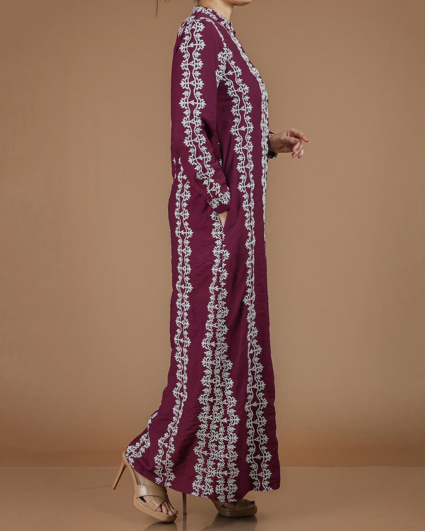 Printed Linen-Cotton Maxi Dress with Long Sleeves