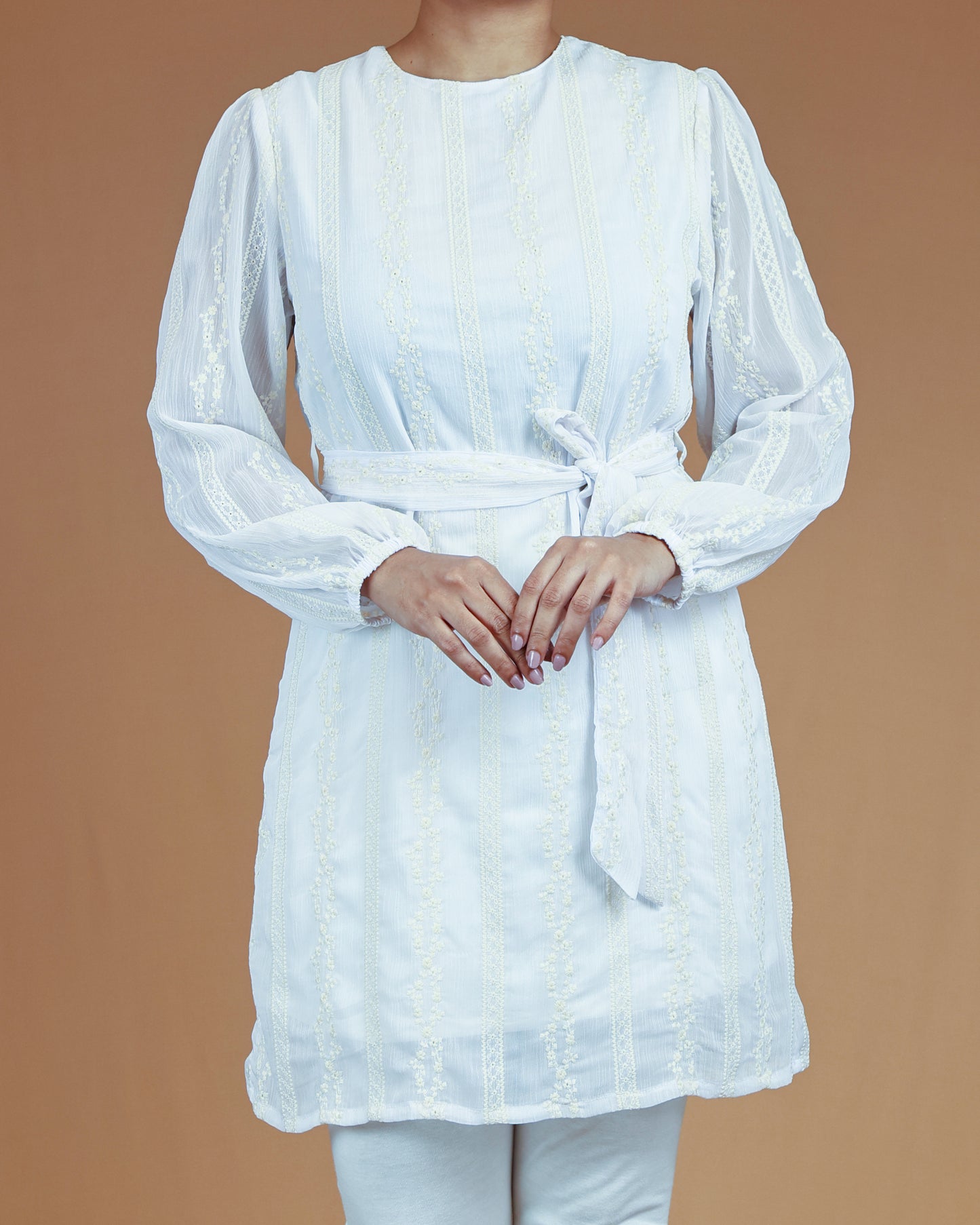 Frosted Pearl Embroidered Midi with Waist Tie Belt