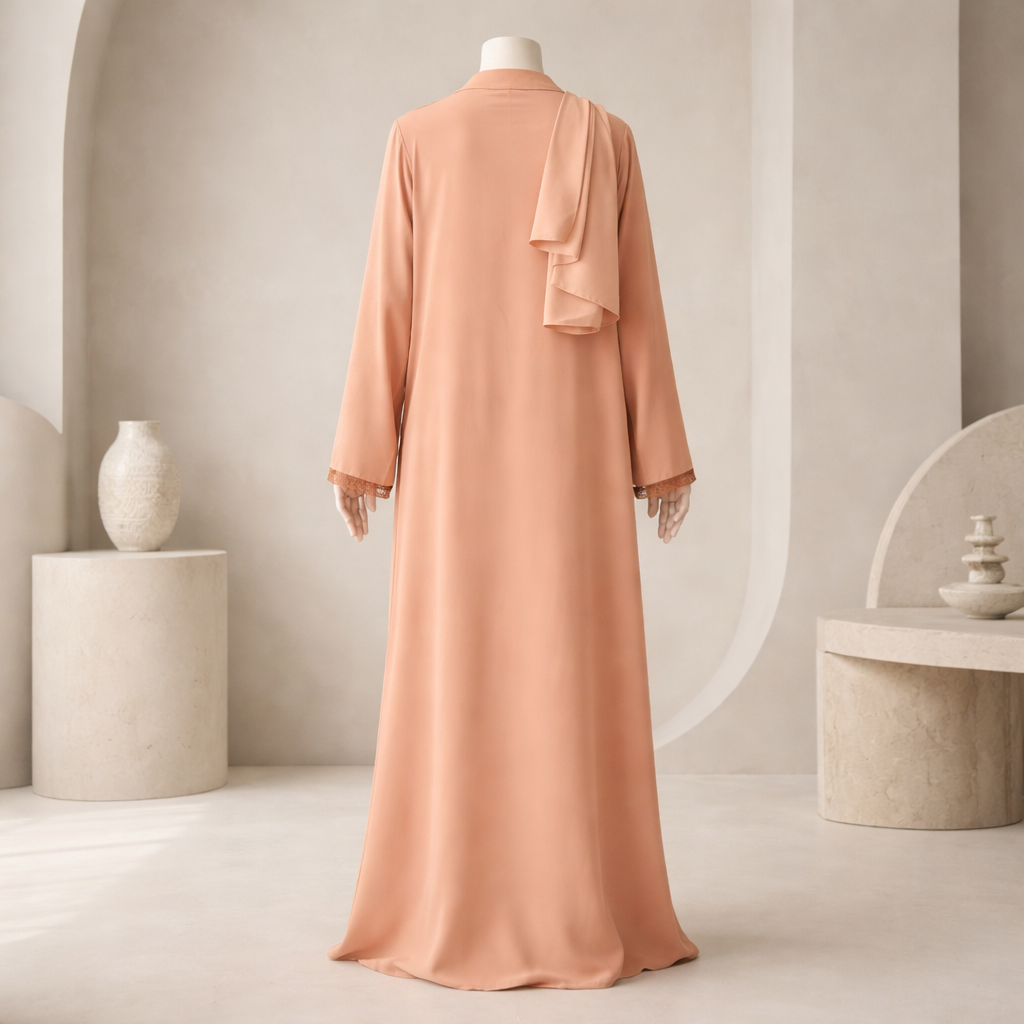 Peach Embroidered Trim Abaya With Shawl
