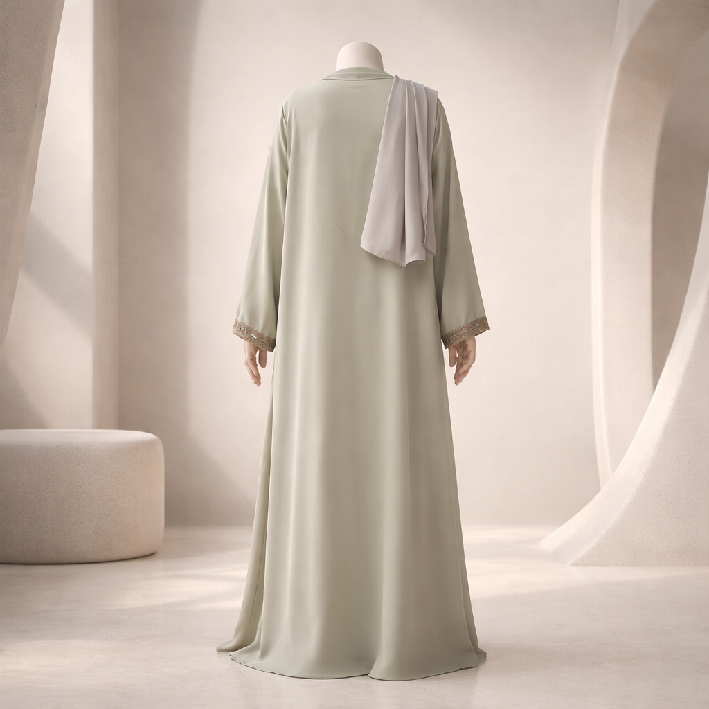 Sage Embroidered Trim Abaya With Shawl